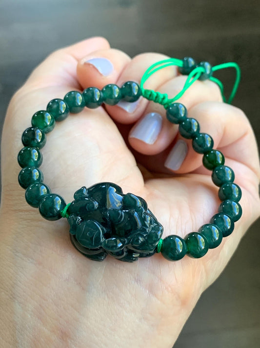 Natural Guatemalan Icy Translucent Gelatinous Dark Teal Green Jadeite Pixiu Beaded Bracelet 6.8mm 6.75” 23g 天然冰危深蓝绿翡翠貔貅圆珠手串 WXC98S