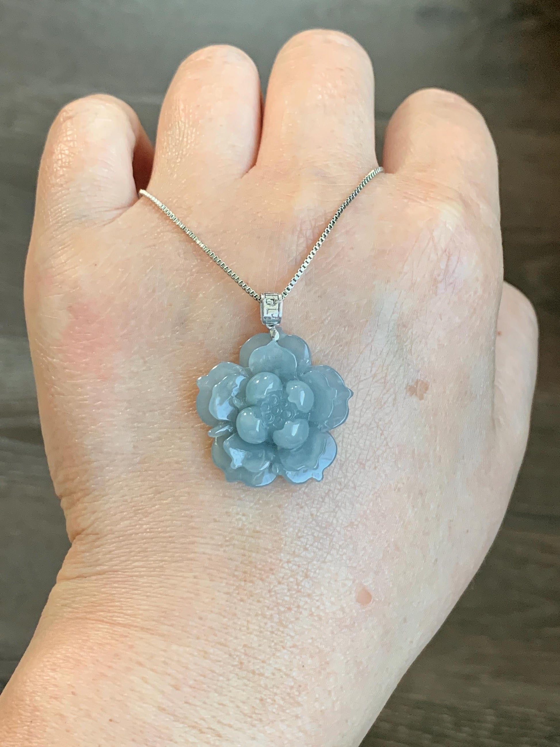 Natural Guatemalan Icy Translucent Light Dusty Blue Jadeite Lotus Flower Pendant 18K White Gold 5g 天然冰危淡蓝翡翠莲花镶嵌吊坠 DLH620A