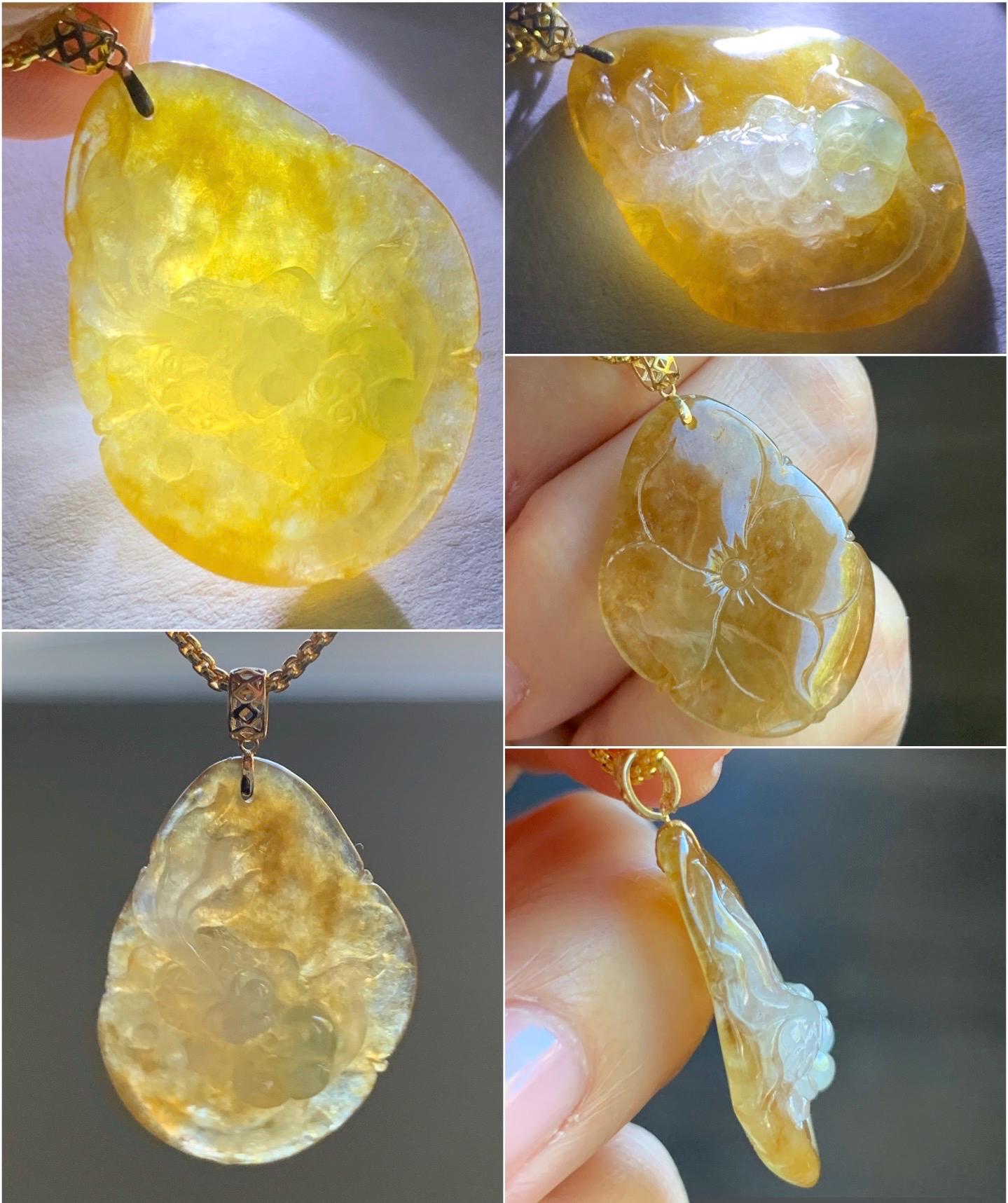 Stunning Natural Burmese Premium Tri-Colored Icy Highly Translucent Jadeite Lotus Flower Goldfish Pendant 18K Yellow Gold 天然缅甸冰黄翡三彩翡翠莲花鱼吊坠