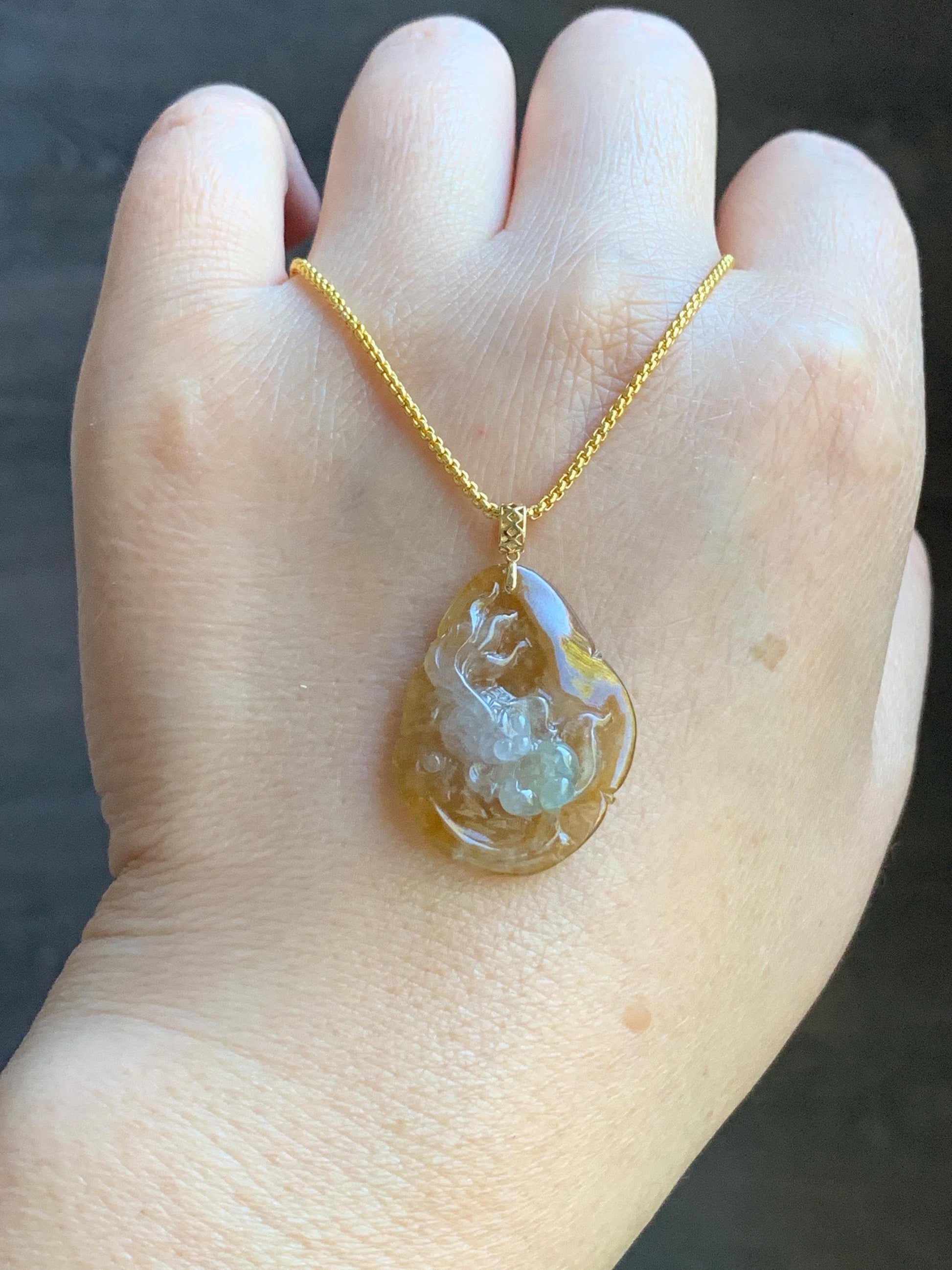 Stunning Natural Burmese Premium Tri-Colored Icy Highly Translucent Jadeite Lotus Flower Goldfish Pendant 18K Yellow Gold 天然缅甸冰黄翡三彩翡翠莲花鱼吊坠