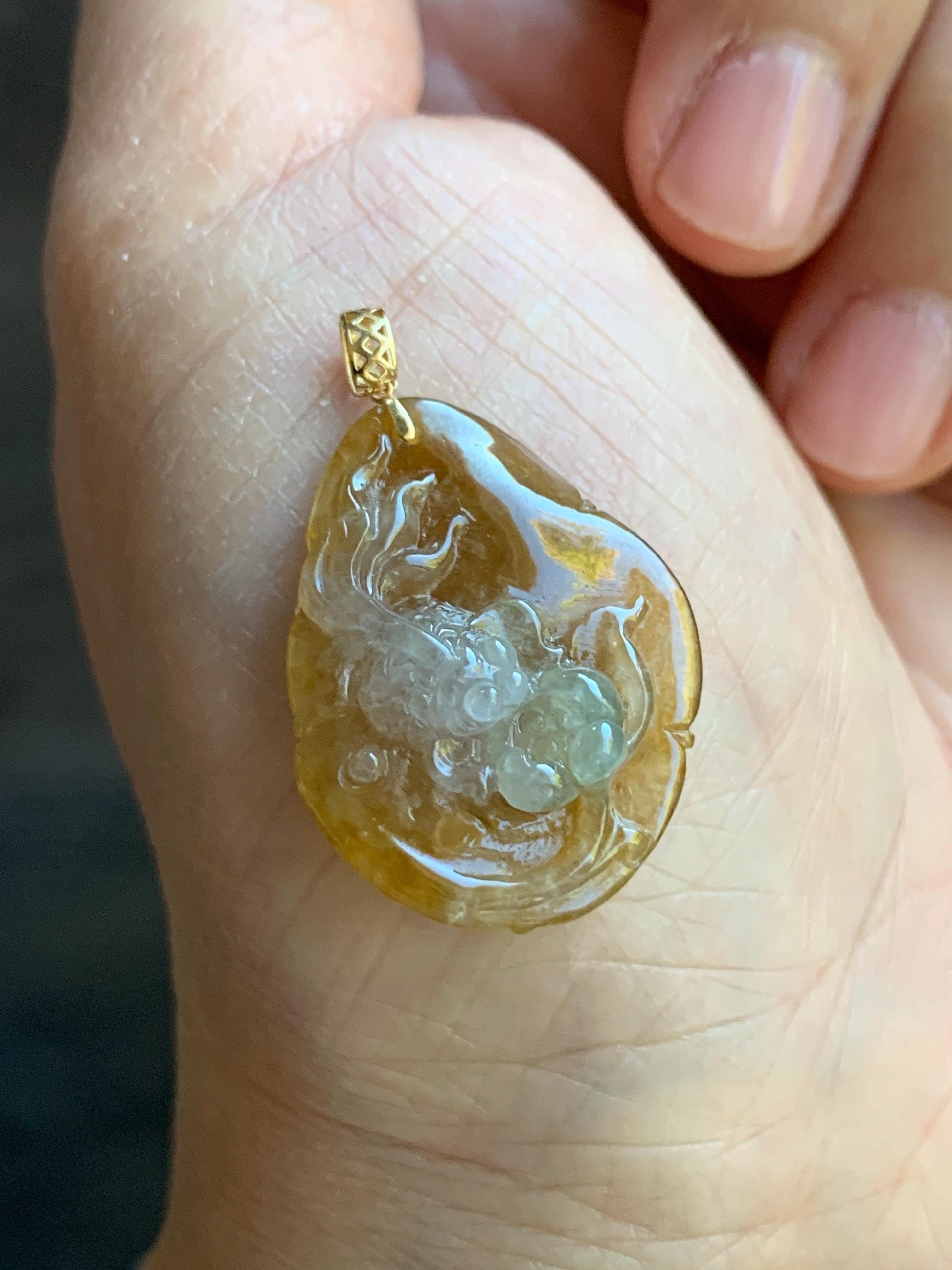 Stunning Natural Burmese Premium Tri-Colored Icy Highly Translucent Jadeite Lotus Flower Goldfish Pendant 18K Yellow Gold 天然缅甸冰黄翡三彩翡翠莲花鱼吊坠