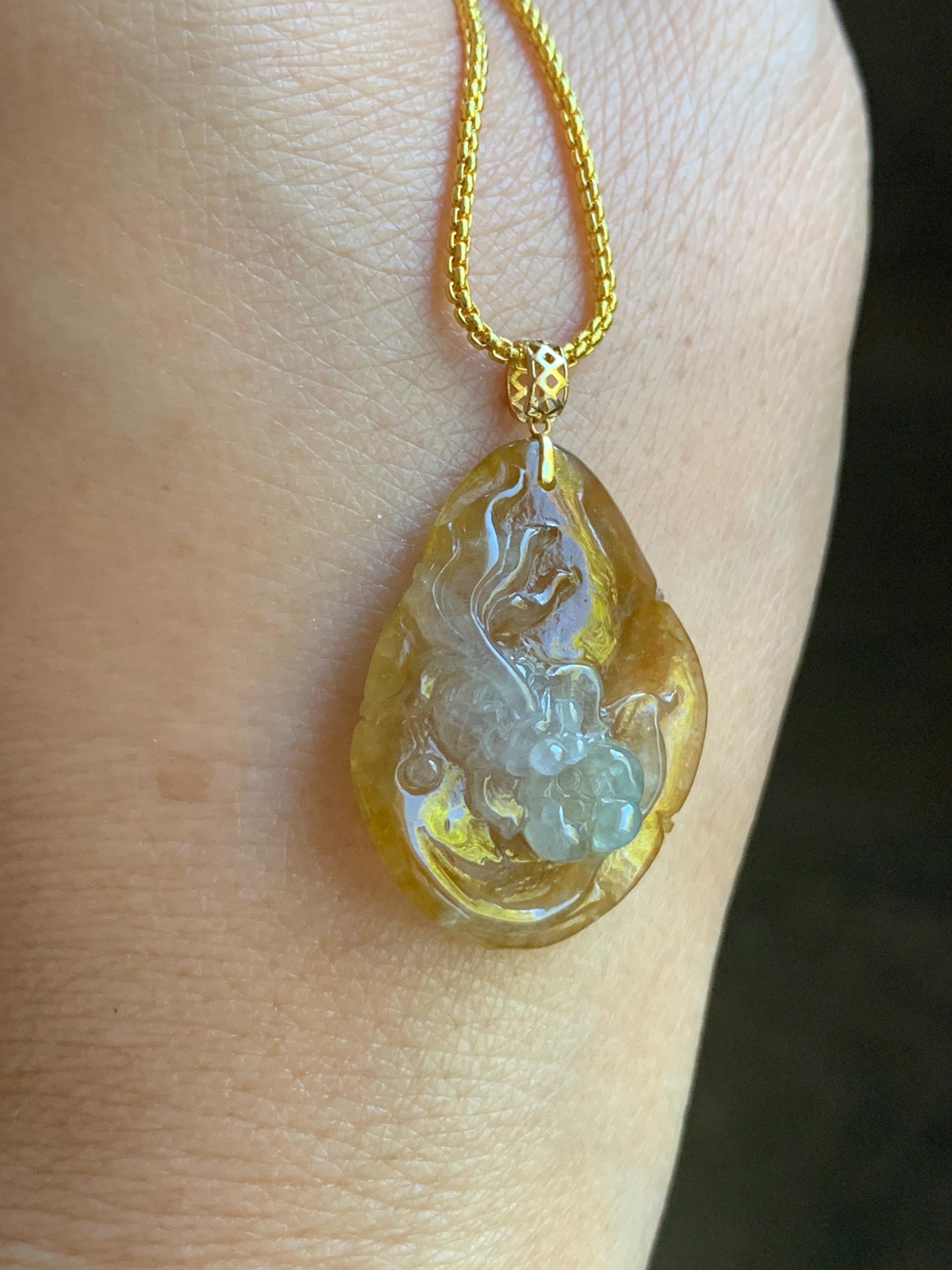 Stunning Natural Burmese Premium Tri-Colored Icy Highly Translucent Jadeite Lotus Flower Goldfish Pendant 18K Yellow Gold 天然缅甸冰黄翡三彩翡翠莲花鱼吊坠