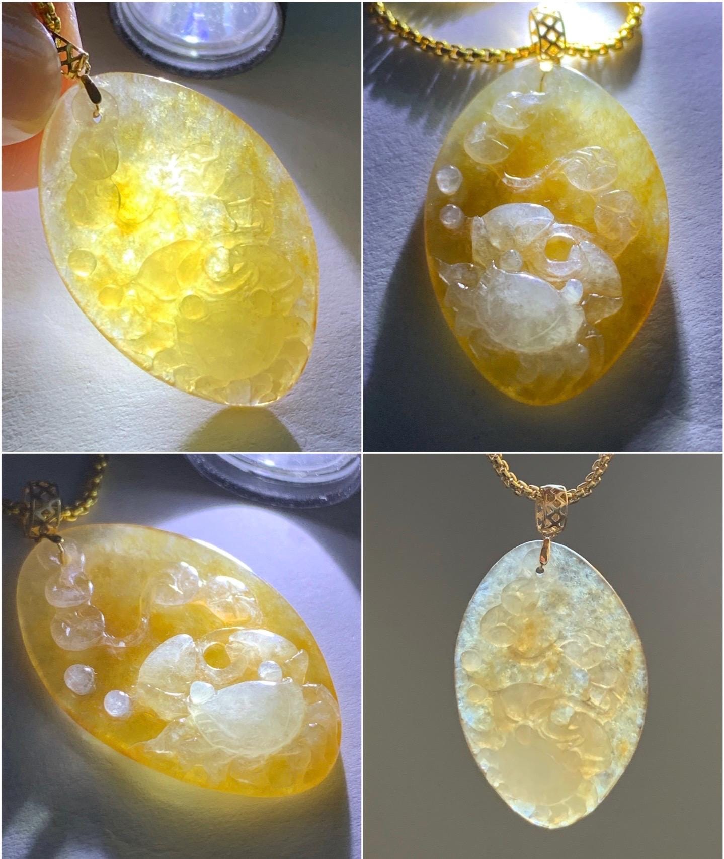 Stunning Natural Burmese Premium Bicolored Icy Highly Translucent Jadeite Crab & Coins Pendant 18K Yellow Gold 3g 天然缅甸冰黄翡双色翡翠螃蟹八方来财吊坠