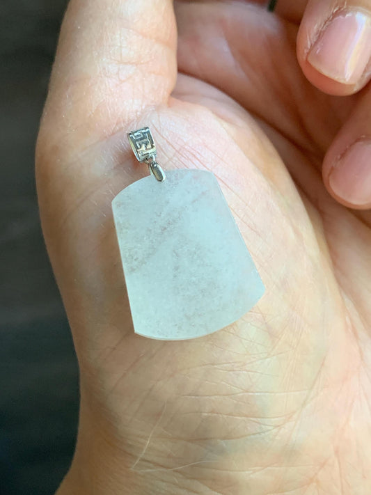 Natural Burmese Moxisha Icy Translucent White Jadeite Trapezoid Wu Shi Pai Blessing Amulet Pendant 18K White Gold 3g 天然缅甸白冰莫西沙翡翠梯形无事牌镶嵌吊坠