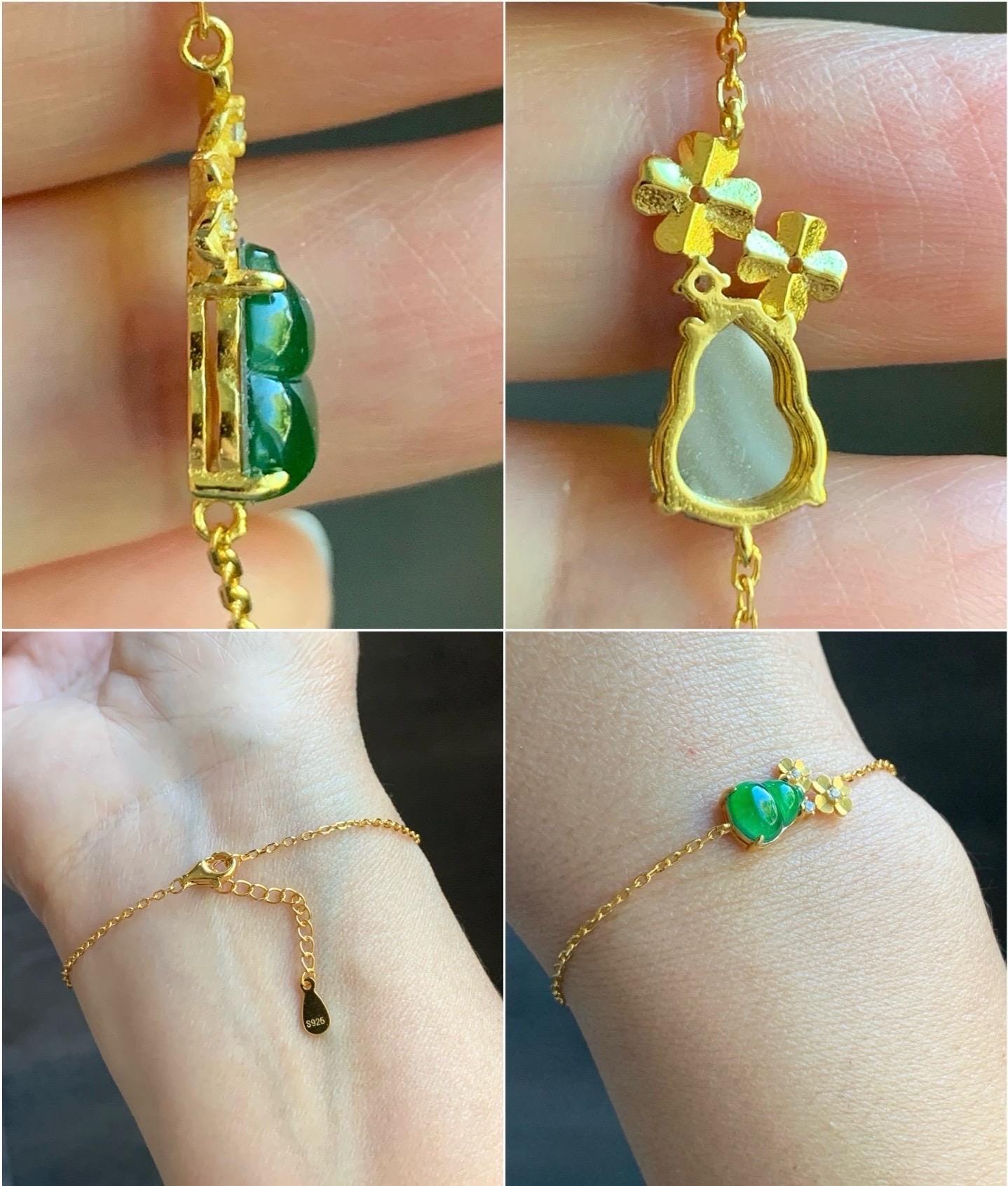 Natural Guatemalan Icy Highly Translucent Vibrant Green Gourd Hulu Jadeite & Flowers Chain Bracelet Sterling Silver 6.5" 天然冰危绿翡翠葫芦梅花银手链