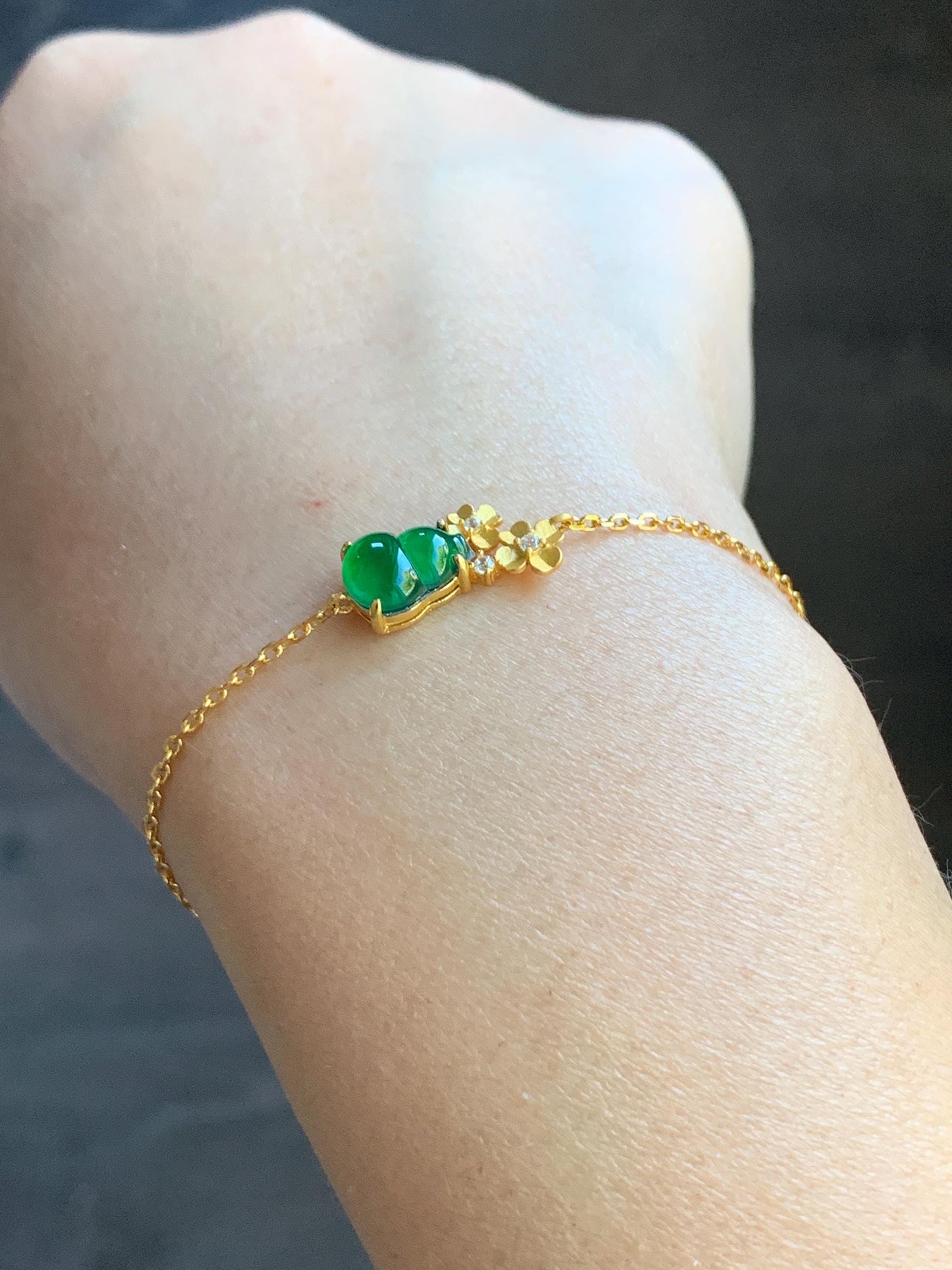 Natural Guatemalan Icy Highly Translucent Vibrant Green Gourd Hulu Jadeite & Flowers Chain Bracelet Sterling Silver 6.5" 天然冰危绿翡翠葫芦梅花银手链