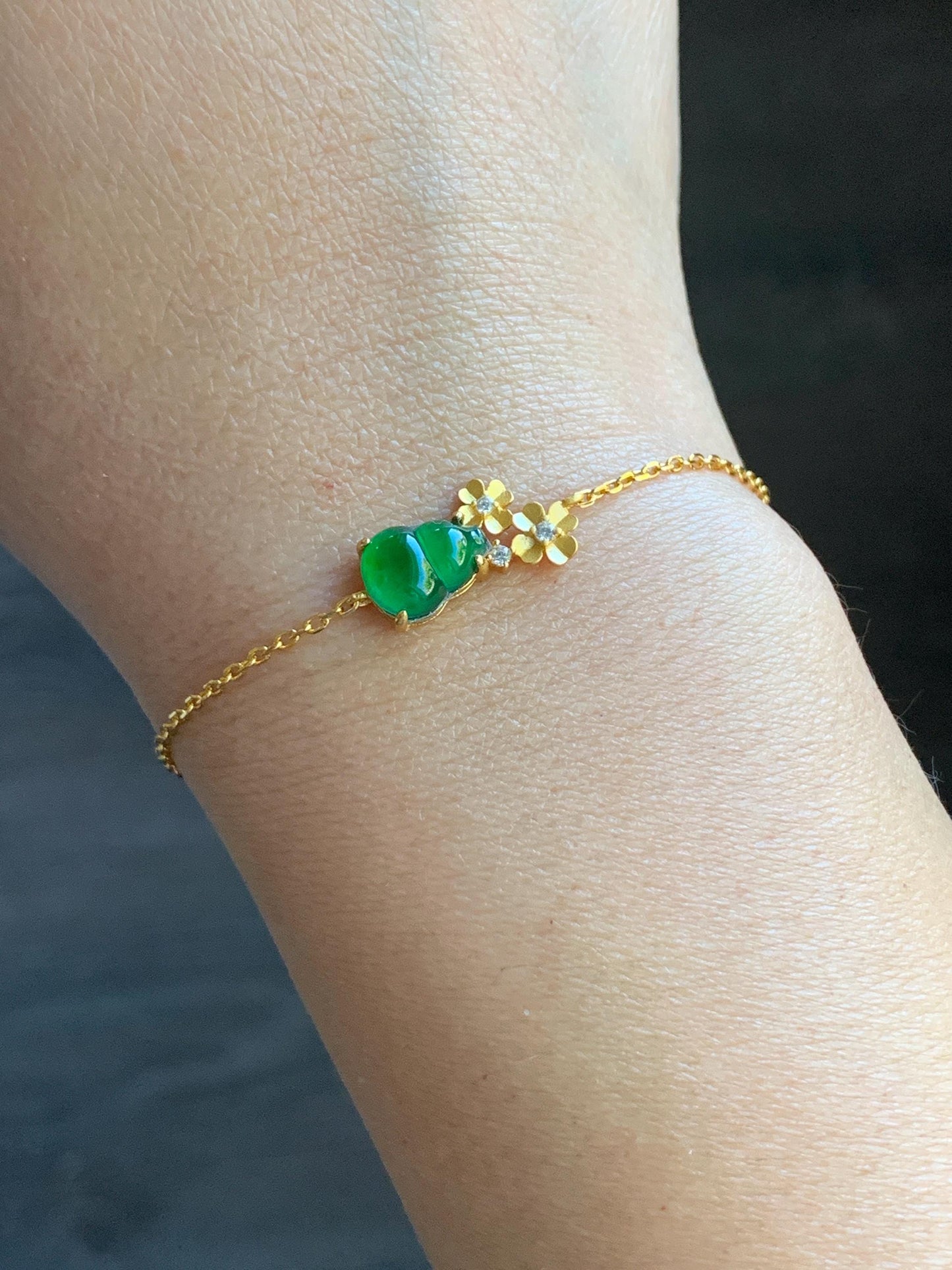 Natural Guatemalan Icy Highly Translucent Vibrant Green Gourd Hulu Jadeite & Flowers Chain Bracelet Sterling Silver 6.5" 天然冰危绿翡翠葫芦梅花银手链
