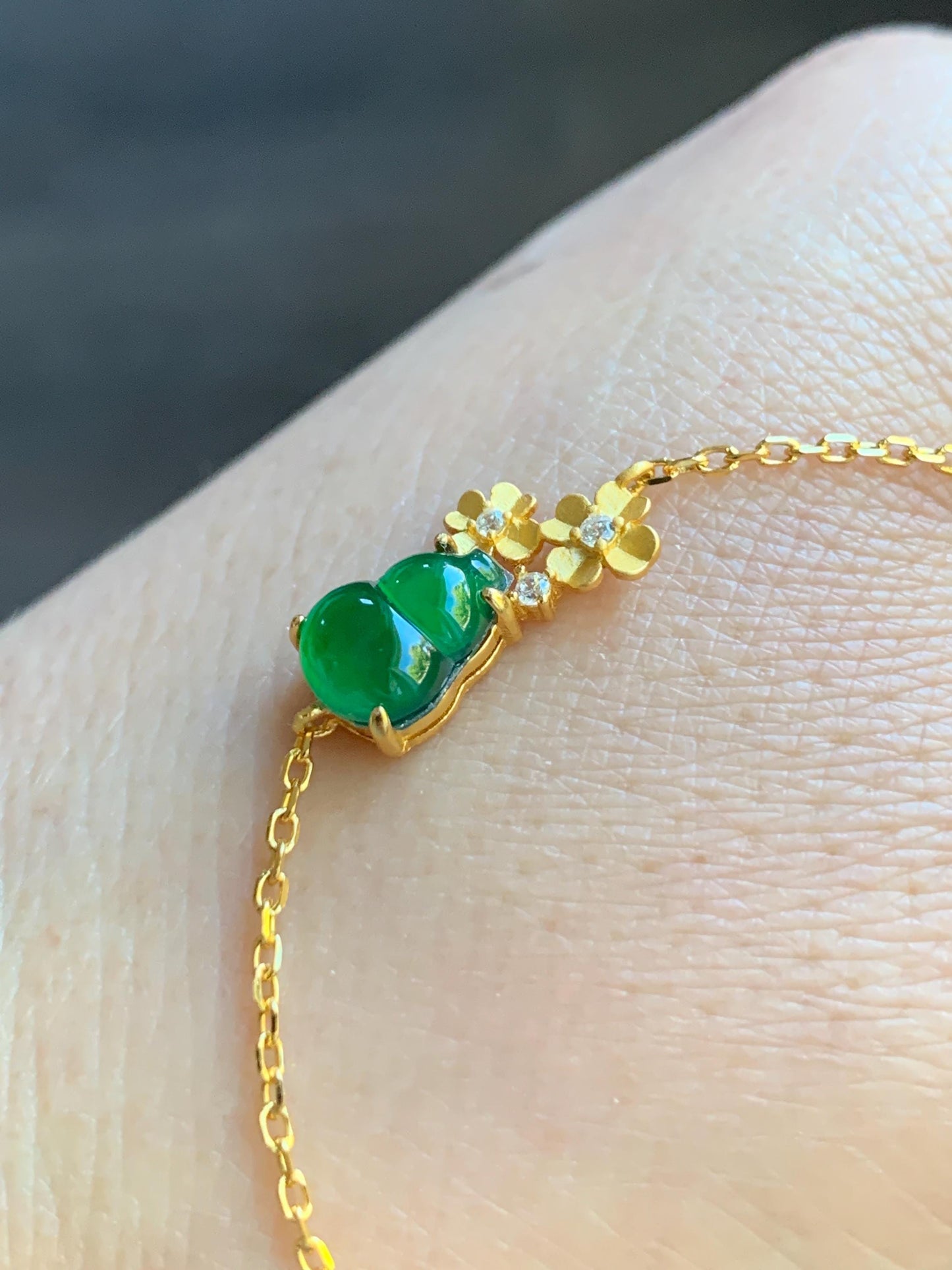 Natural Guatemalan Icy Highly Translucent Vibrant Green Gourd Hulu Jadeite & Flowers Chain Bracelet Sterling Silver 6.5" 天然冰危绿翡翠葫芦梅花银手链
