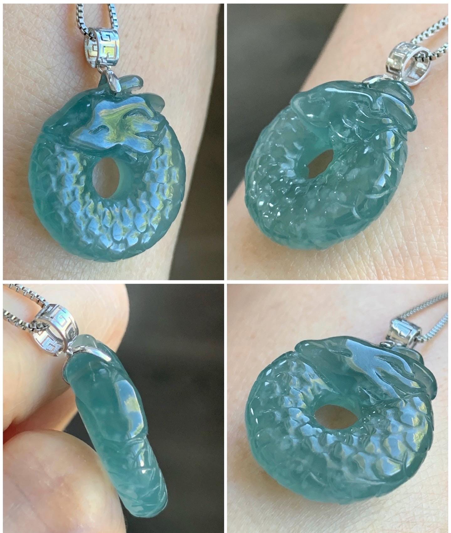 Natural Guatemalan Icy Translucent Gelatinous Teal Blue Jadeite Dragon Ping An Kou Donut Pendant 18K White Gold 6g 天然缅甸冰胶蓝绿翡翠盘龙平安扣吊坠 WLK74B