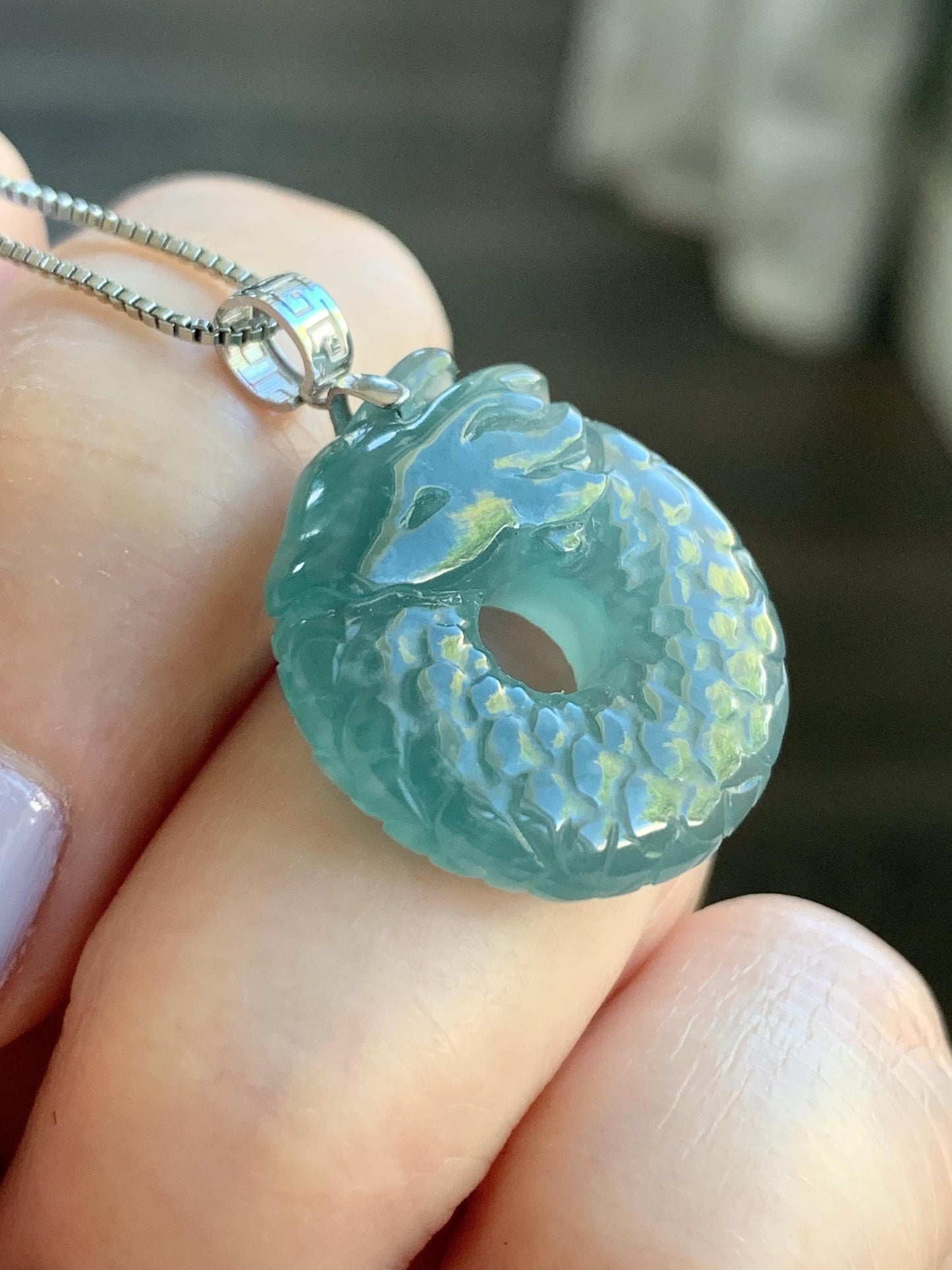 Natural Guatemalan Icy Translucent Gelatinous Teal Blue Jadeite Dragon Ping An Kou Donut Pendant 18K White Gold 6g 天然缅甸冰胶蓝绿翡翠盘龙平安扣吊坠 WLK74B