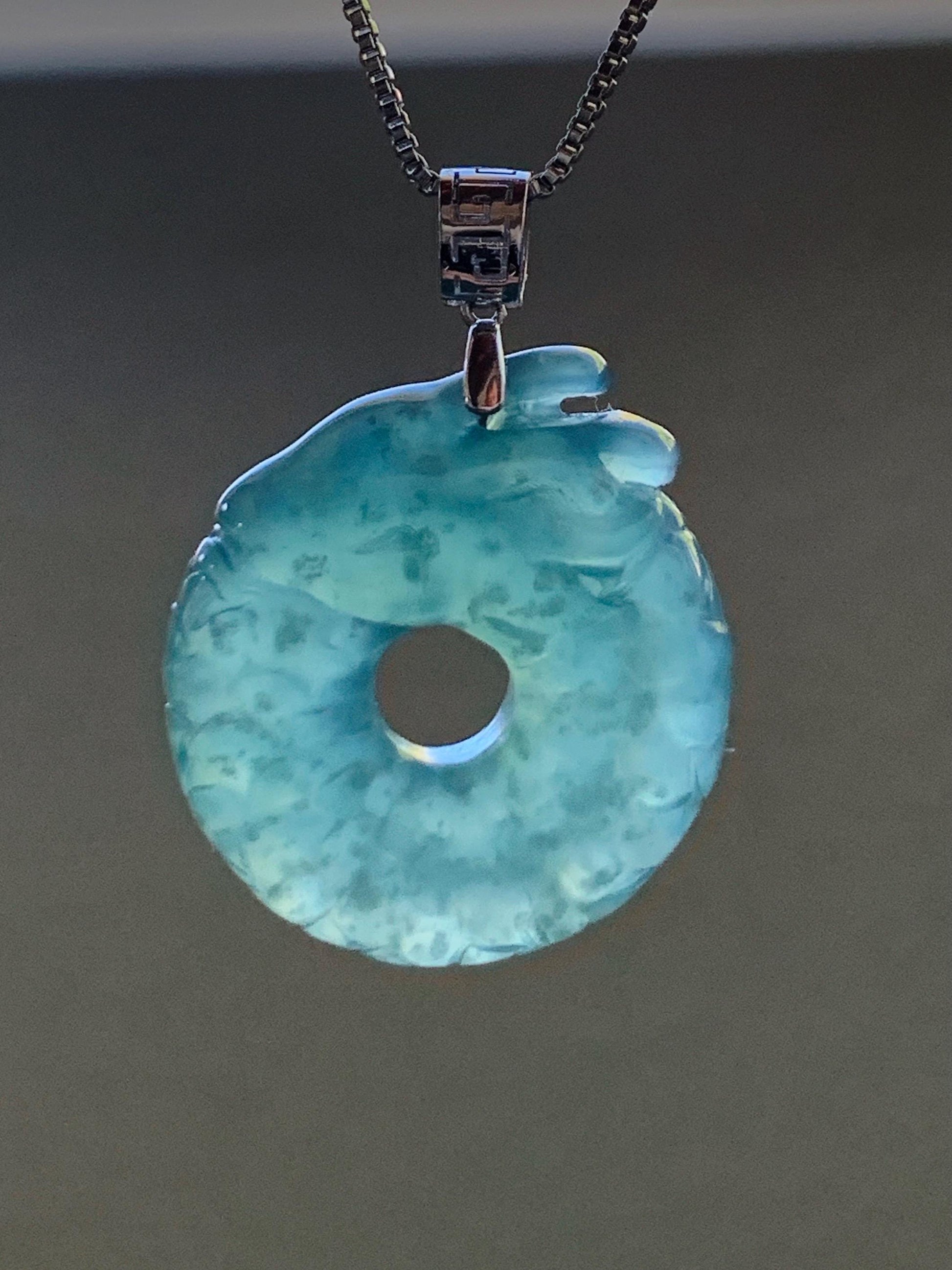 Natural Guatemalan Icy Translucent Gelatinous Teal Blue Jadeite Dragon Ping An Kou Donut Pendant 18K White Gold 6g 天然缅甸冰胶蓝绿翡翠盘龙平安扣吊坠 WLK74B