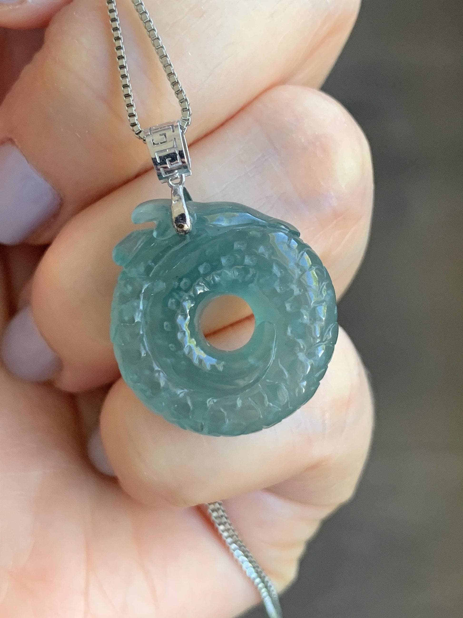Natural Guatemalan Icy Translucent Gelatinous Teal Blue Jadeite Dragon Ping An Kou Donut Pendant 18K White Gold 6g 天然缅甸冰胶蓝绿翡翠盘龙平安扣吊坠 WLK74B