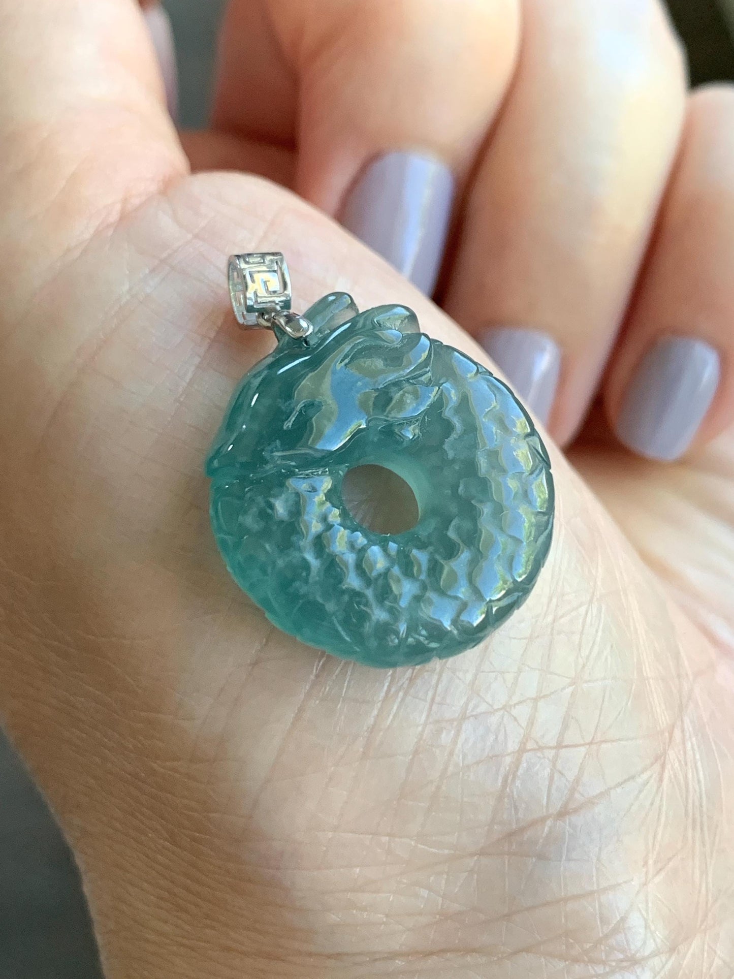 Natural Guatemalan Icy Translucent Gelatinous Teal Blue Jadeite Dragon Ping An Kou Donut Pendant 18K White Gold 6g 天然缅甸冰胶蓝绿翡翠盘龙平安扣吊坠 WLK74B