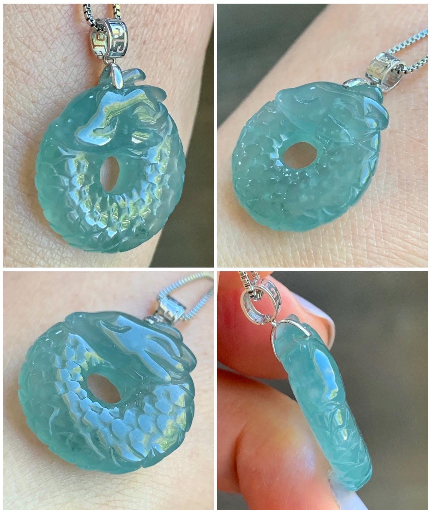 Natural Guatemalan Icy Translucent Gelatinous Teal Blue Jadeite Dragon Ping An Kou Donut Pendant 18K White Gold 5g 天然缅甸冰胶蓝绿翡翠盘龙平安扣吊坠 WLK74A