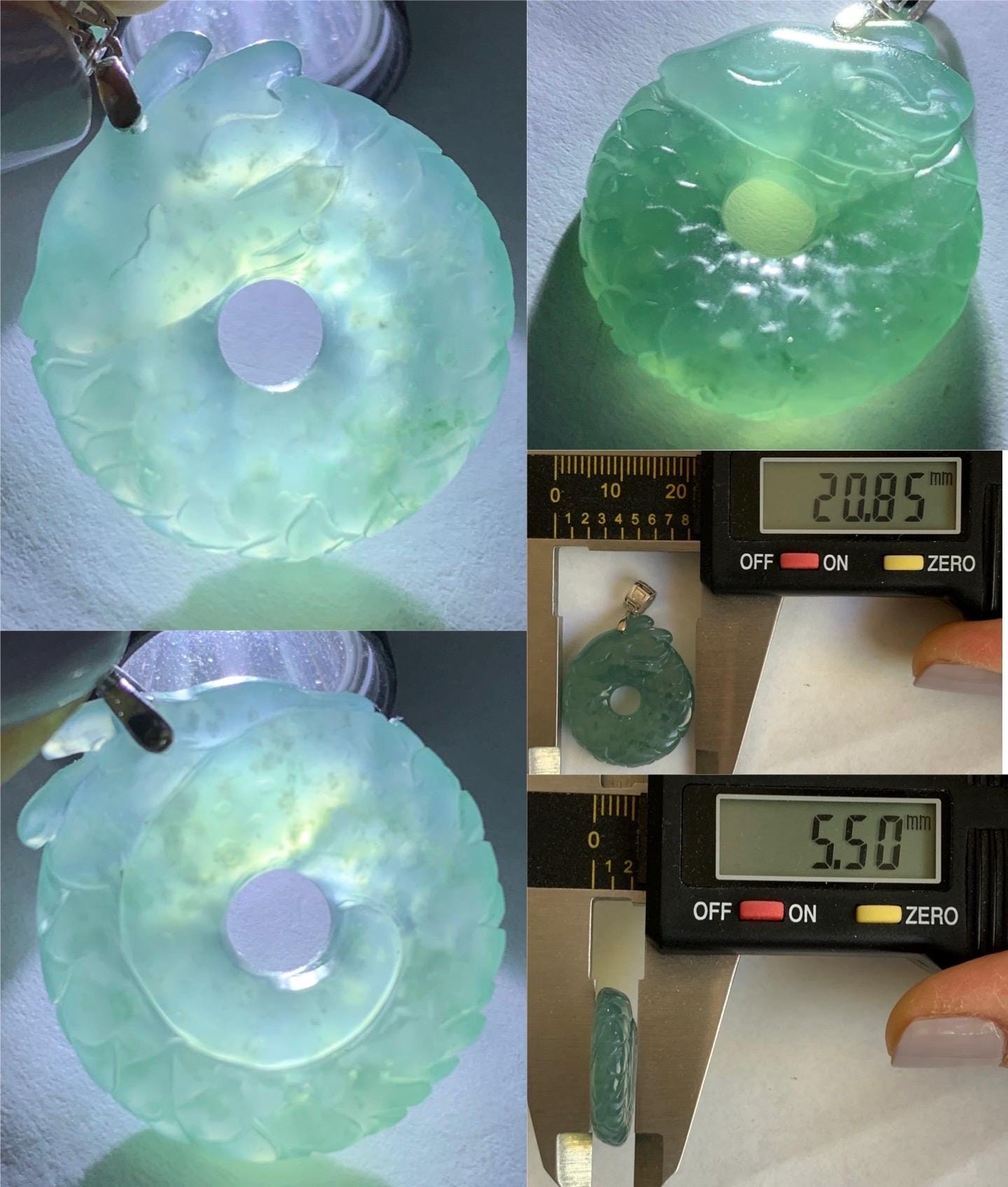 Natural Guatemalan Icy Translucent Gelatinous Teal Blue Jadeite Dragon Ping An Kou Donut Pendant 18K White Gold 5g 天然缅甸冰胶蓝绿翡翠盘龙平安扣吊坠 WLK74A