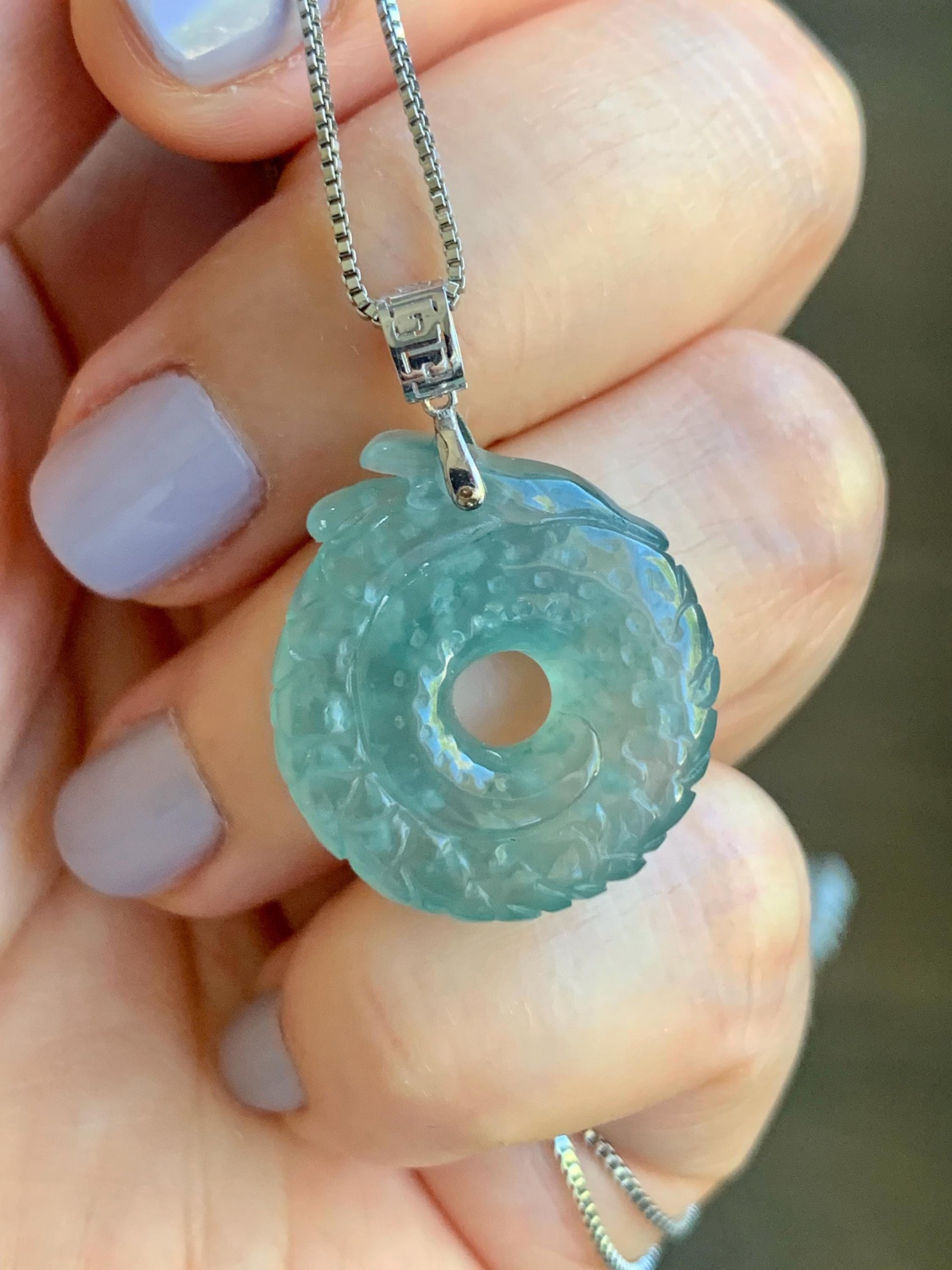 Natural Guatemalan Icy Translucent Gelatinous Teal Blue Jadeite Dragon Ping An Kou Donut Pendant 18K White Gold 5g 天然缅甸冰胶蓝绿翡翠盘龙平安扣吊坠 WLK74A