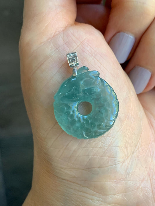 Natural Guatemalan Icy Translucent Gelatinous Teal Blue Jadeite Dragon Ping An Kou Donut Pendant 18K White Gold 5g 天然缅甸冰胶蓝绿翡翠盘龙平安扣吊坠 WLK74A