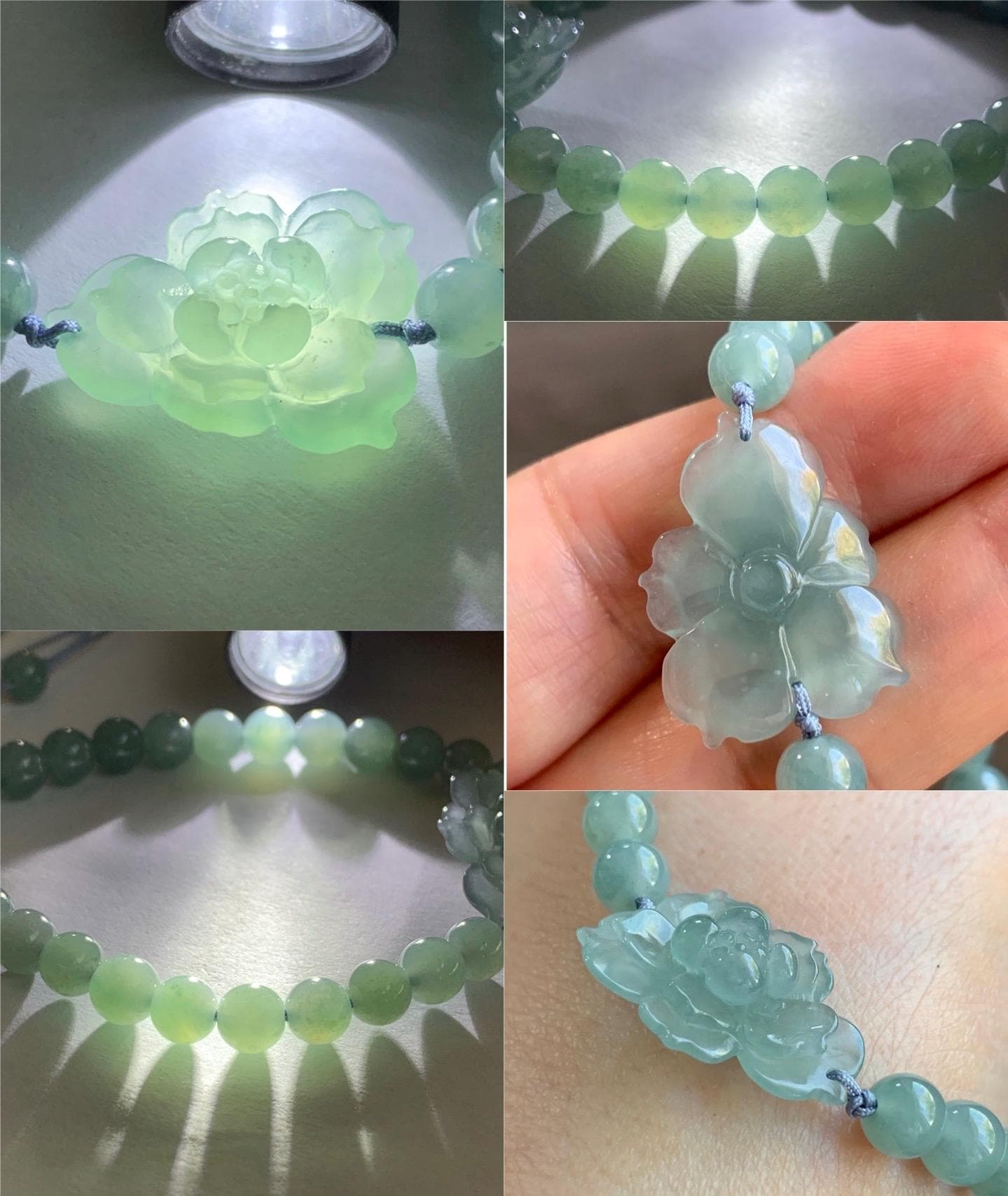 Natural Guatemalan Icy Highly Translucent Light Dusty Teal Blue Jadeite Lotus Flower Beaded Bracelet 6.4mm 7” 14g 天然冰透危淡蓝绿翡翠莲花圆珠手串