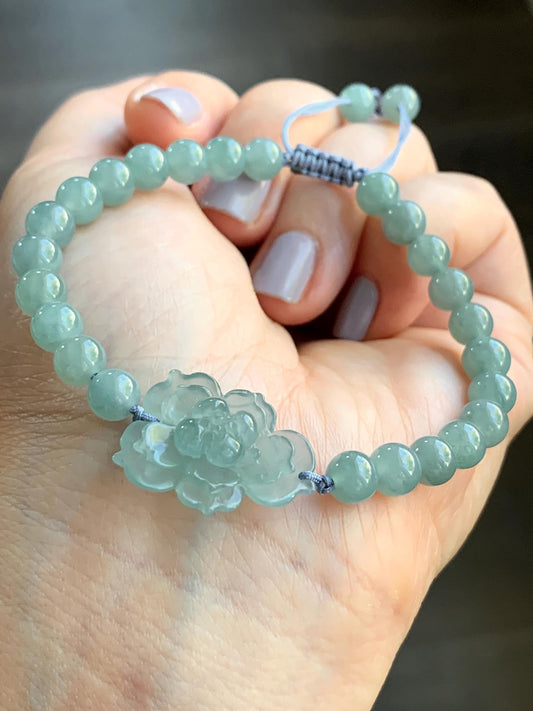 Natural Guatemalan Icy Highly Translucent Light Dusty Teal Blue Jadeite Lotus Flower Beaded Bracelet 6.4mm 7” 14g 天然冰透危淡蓝绿翡翠莲花圆珠手串