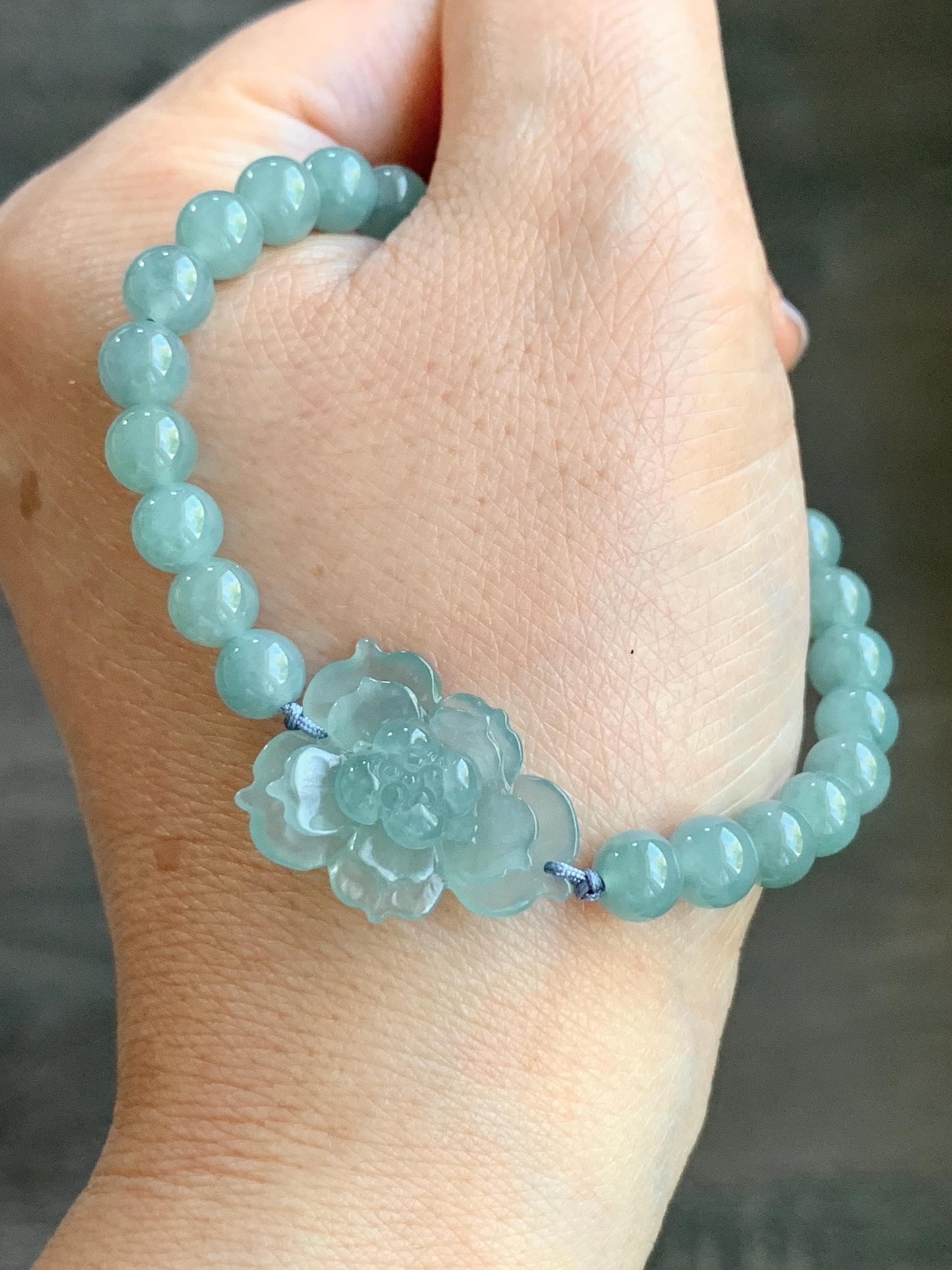 Natural Guatemalan Icy Highly Translucent Light Dusty Teal Blue Jadeite Lotus Flower Beaded Bracelet 6.4mm 7” 14g 天然冰透危淡蓝绿翡翠莲花圆珠手串