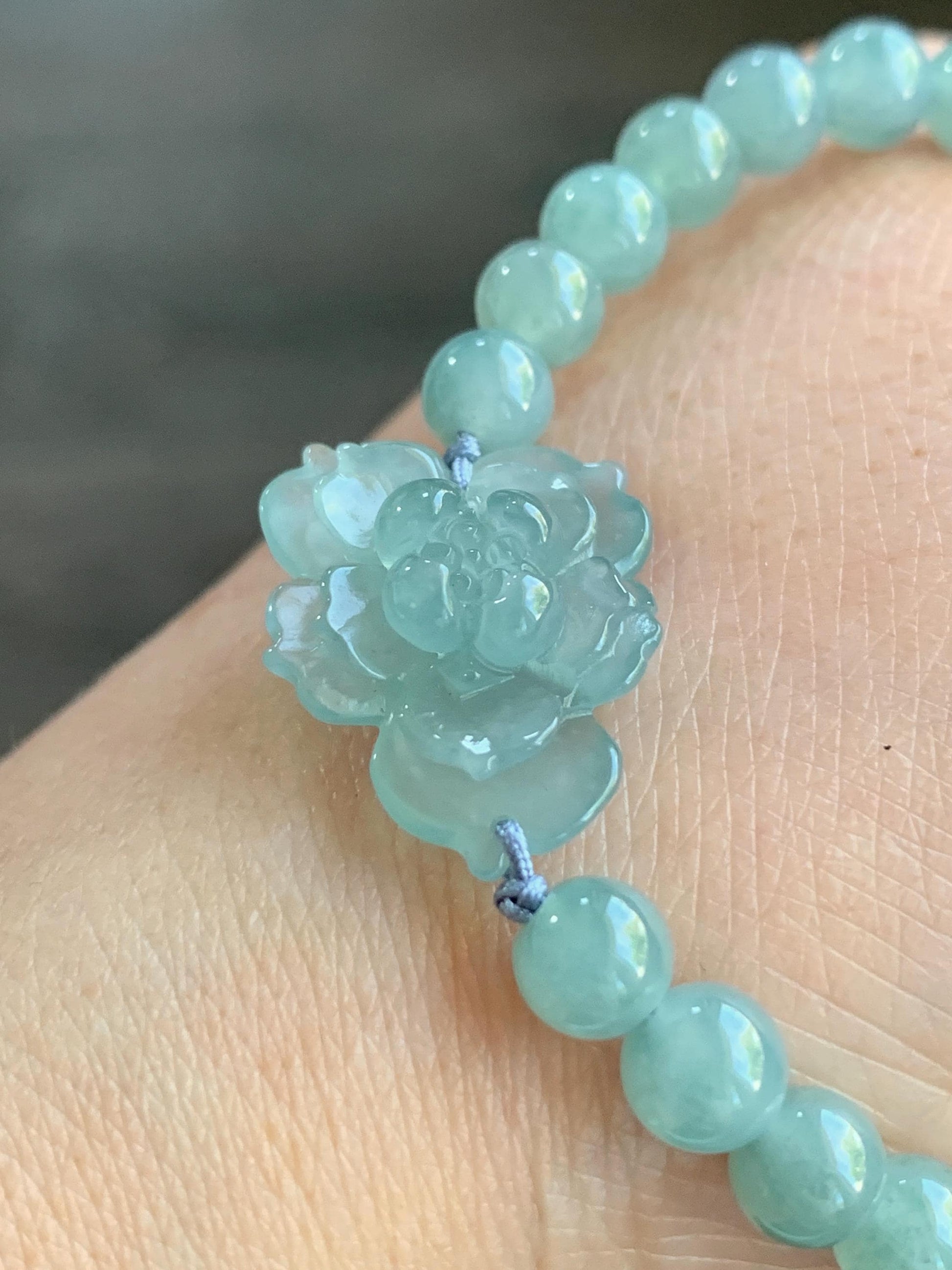 Natural Guatemalan Icy Highly Translucent Light Dusty Teal Blue Jadeite Lotus Flower Beaded Bracelet 6.4mm 7” 14g 天然冰透危淡蓝绿翡翠莲花圆珠手串