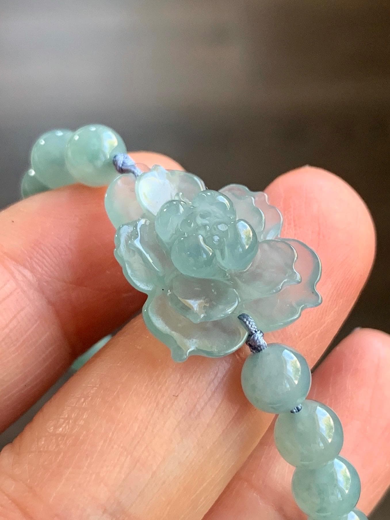 Natural Guatemalan Icy Highly Translucent Light Dusty Teal Blue Jadeite Lotus Flower Beaded Bracelet 6.4mm 7” 14g 天然冰透危淡蓝绿翡翠莲花圆珠手串