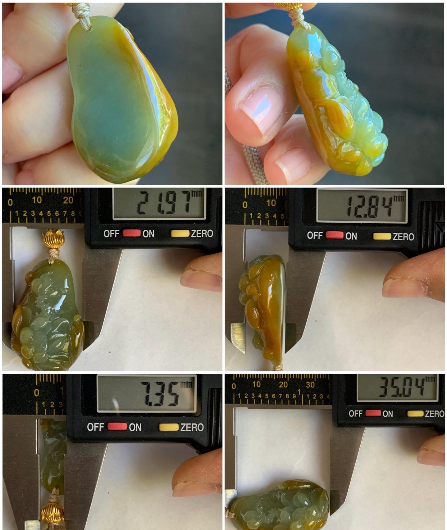 Natural Guatemalan Icy Translucent Vibrant Yellow Two-toned Jadeite Lotus Flower & Praying Monk Pendant Rope Necklace 26” 天然冰危鸡油黄渐变翡翠莲花悟道吊坠