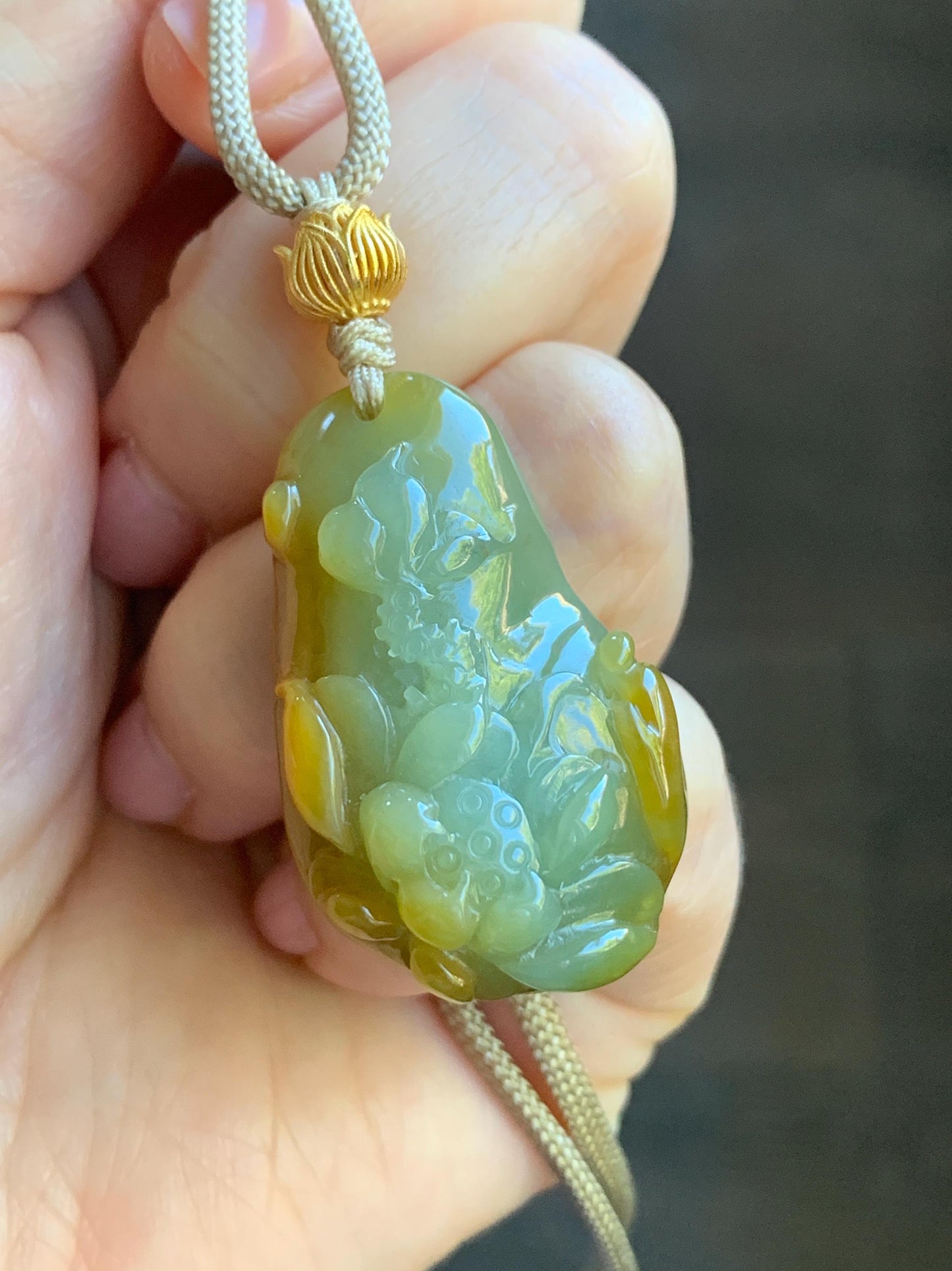 Natural Guatemalan Icy Translucent Vibrant Yellow Two-toned Jadeite Lotus Flower & Praying Monk Pendant Rope Necklace 26” 天然冰危鸡油黄渐变翡翠莲花悟道吊坠