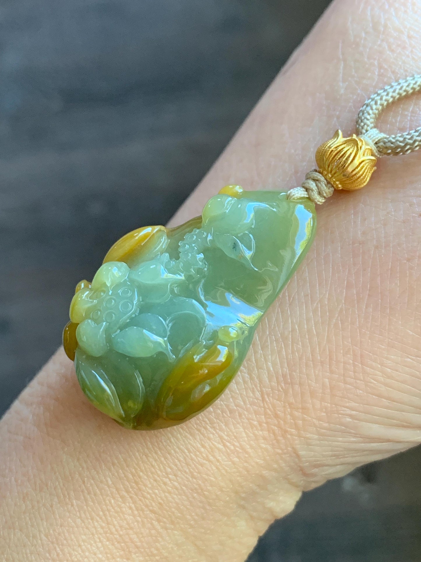 Natural Guatemalan Icy Translucent Vibrant Yellow Two-toned Jadeite Lotus Flower & Praying Monk Pendant Rope Necklace 26” 天然冰危鸡油黄渐变翡翠莲花悟道吊坠