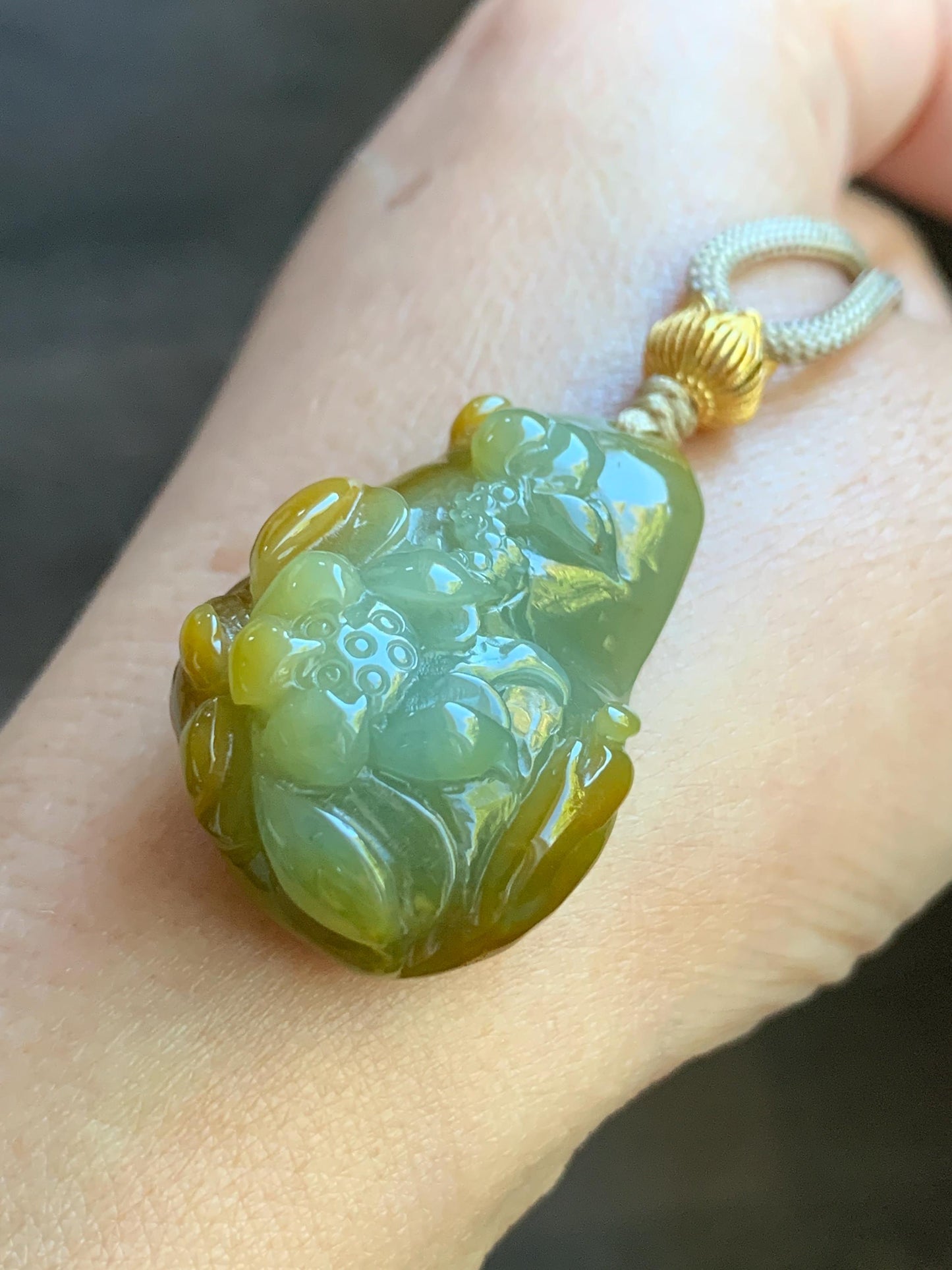 Natural Guatemalan Icy Translucent Vibrant Yellow Two-toned Jadeite Lotus Flower & Praying Monk Pendant Rope Necklace 26” 天然冰危鸡油黄渐变翡翠莲花悟道吊坠