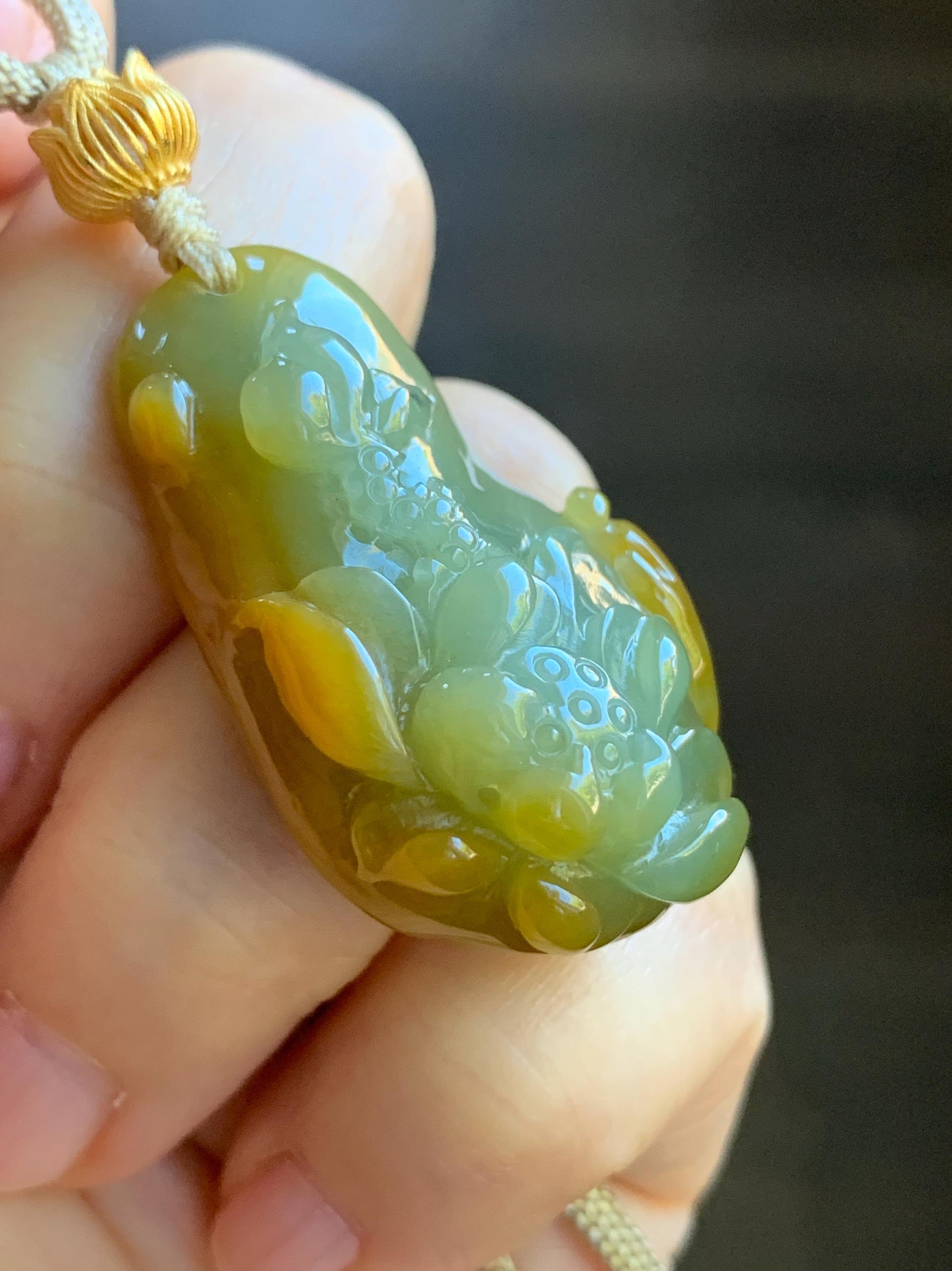 Natural Guatemalan Icy Translucent Vibrant Yellow Two-toned Jadeite Lotus Flower & Praying Monk Pendant Rope Necklace 26” 天然冰危鸡油黄渐变翡翠莲花悟道吊坠