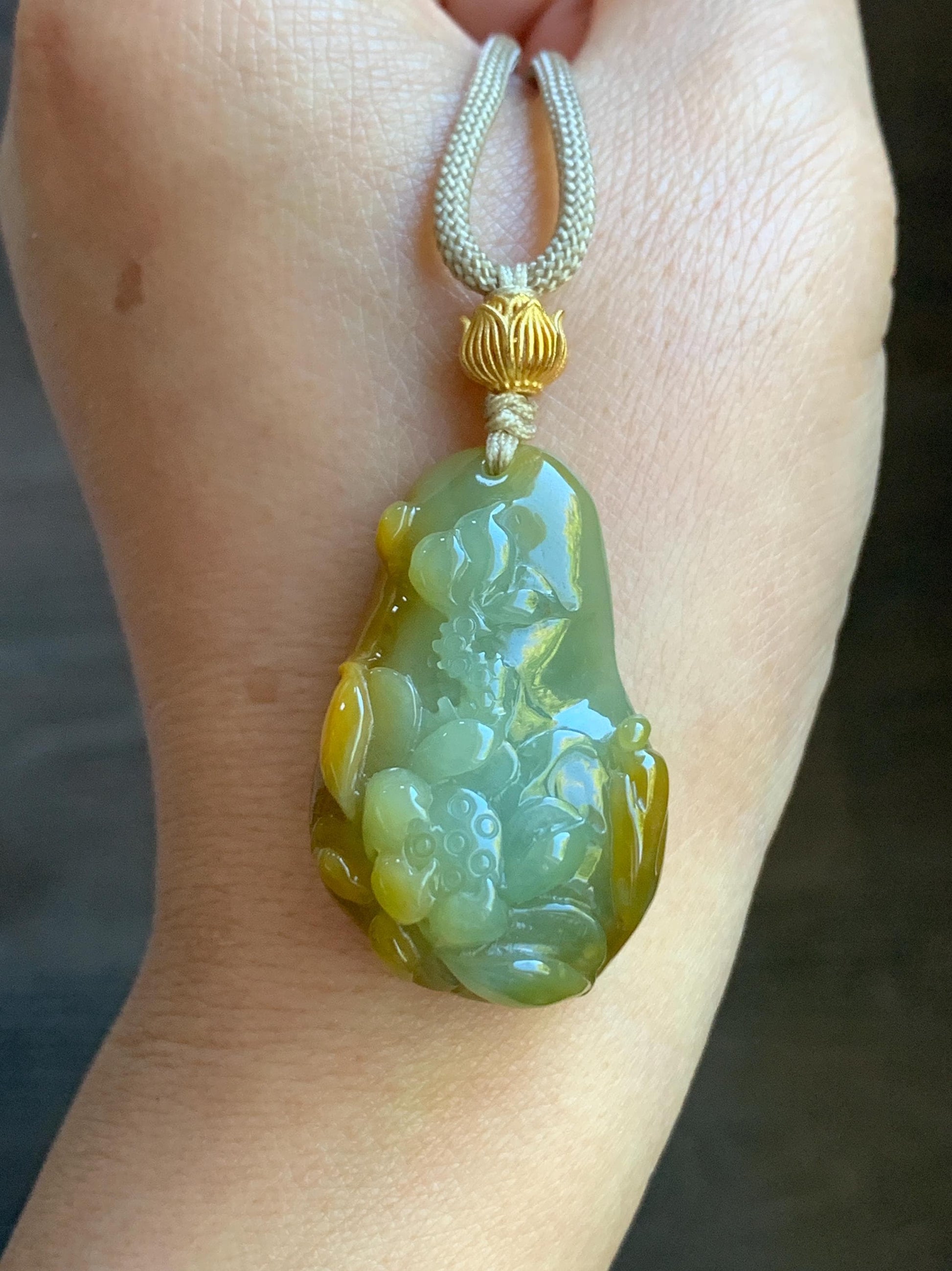 Natural Guatemalan Icy Translucent Vibrant Yellow Two-toned Jadeite Lotus Flower & Praying Monk Pendant Rope Necklace 26” 天然冰危鸡油黄渐变翡翠莲花悟道吊坠