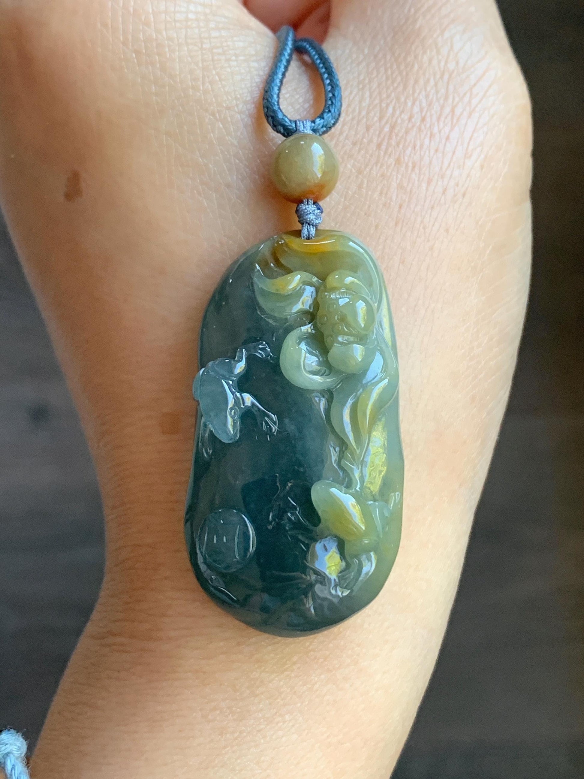 Natural Guatemalan Icy Translucent Dark Blue Rich Yellow Marbled Jadeite Lotus Flower & Frogs Pendant Rope Necklace 26” 22g 天然冰危蓝加黄翡翠莲花青蛙吊坠