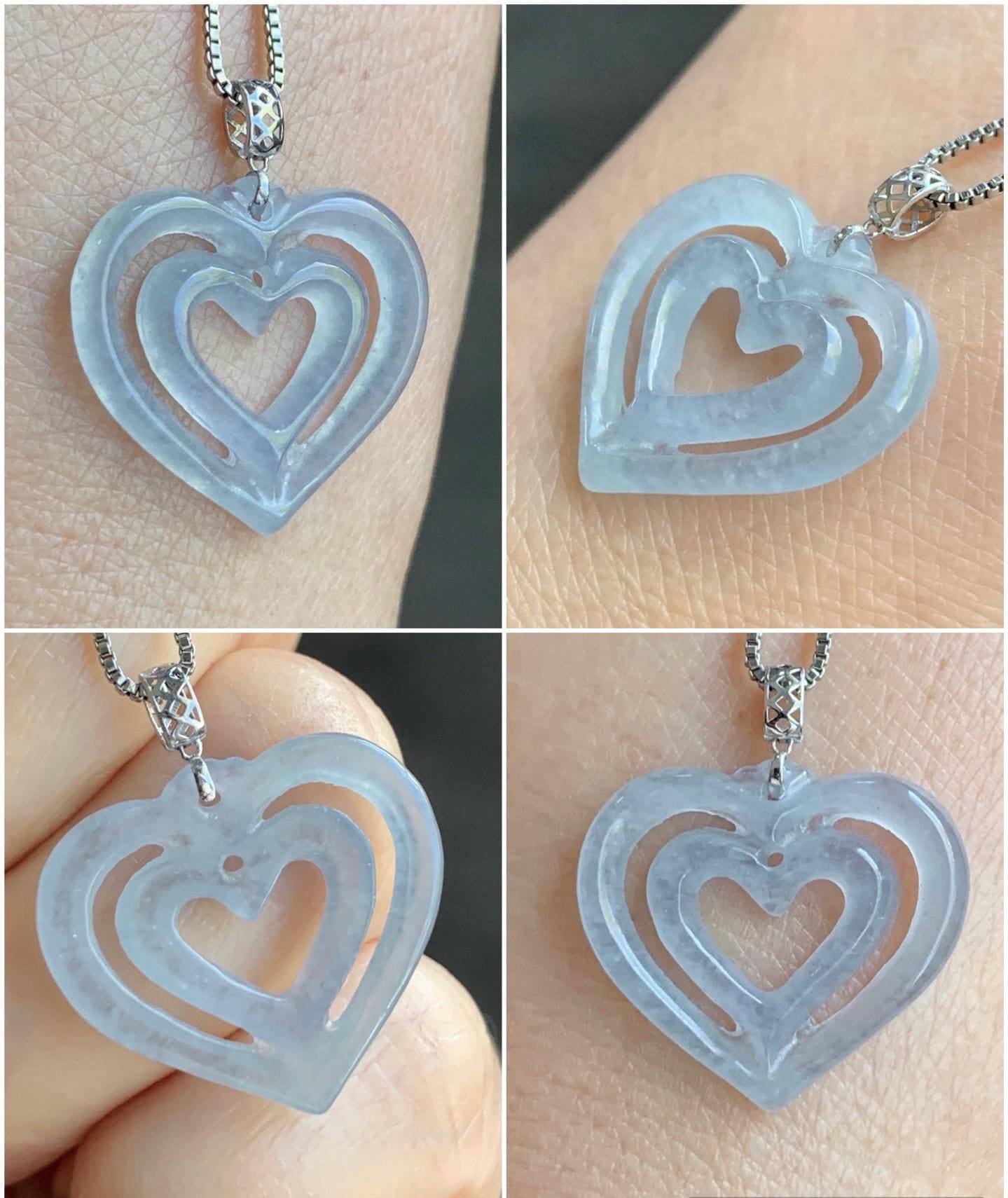 Natural Guatemalan Icy Highly Translucent Pale Dusty Blue Jadeite Double Heart Pendant 18K White Gold 天然冰危起光淡蓝翡翠双爱心镶嵌吊坠 B