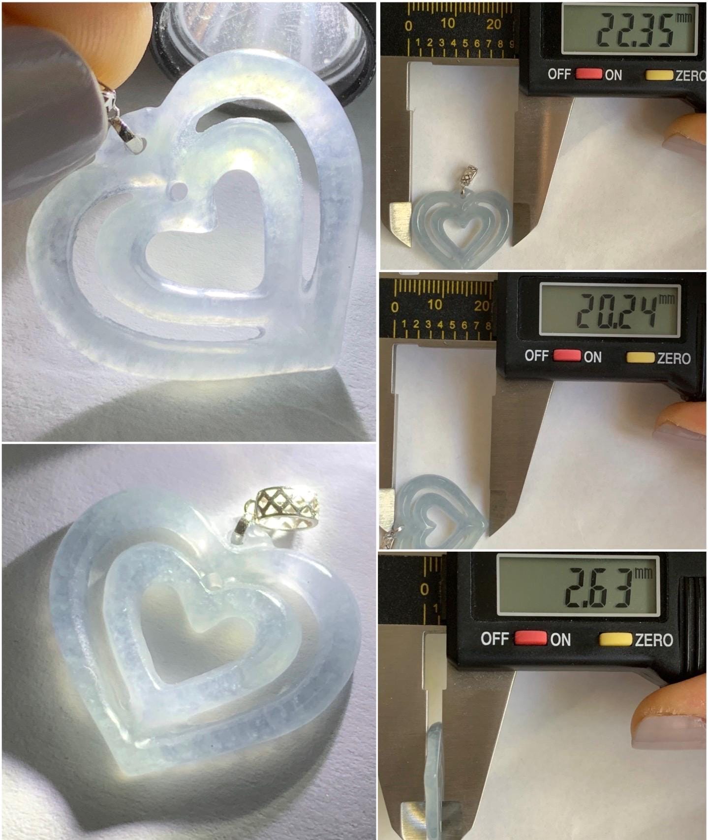 Natural Guatemalan Icy Highly Translucent Pale Dusty Blue Jadeite Double Heart Pendant 18K White Gold 天然冰危起光淡蓝翡翠双爱心镶嵌吊坠 B