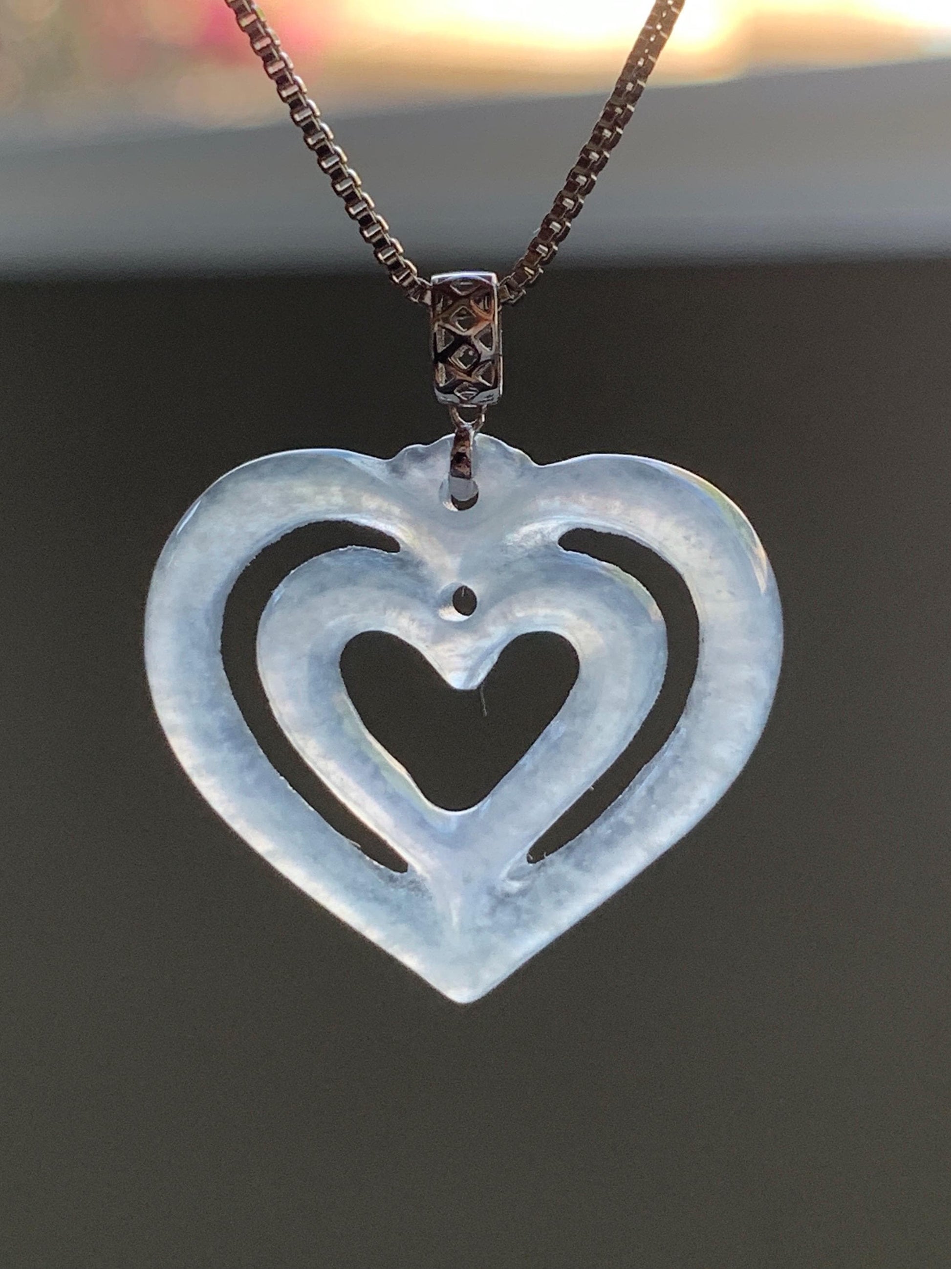 Natural Guatemalan Icy Highly Translucent Pale Dusty Blue Jadeite Double Heart Pendant 18K White Gold 天然冰危起光淡蓝翡翠双爱心镶嵌吊坠 B