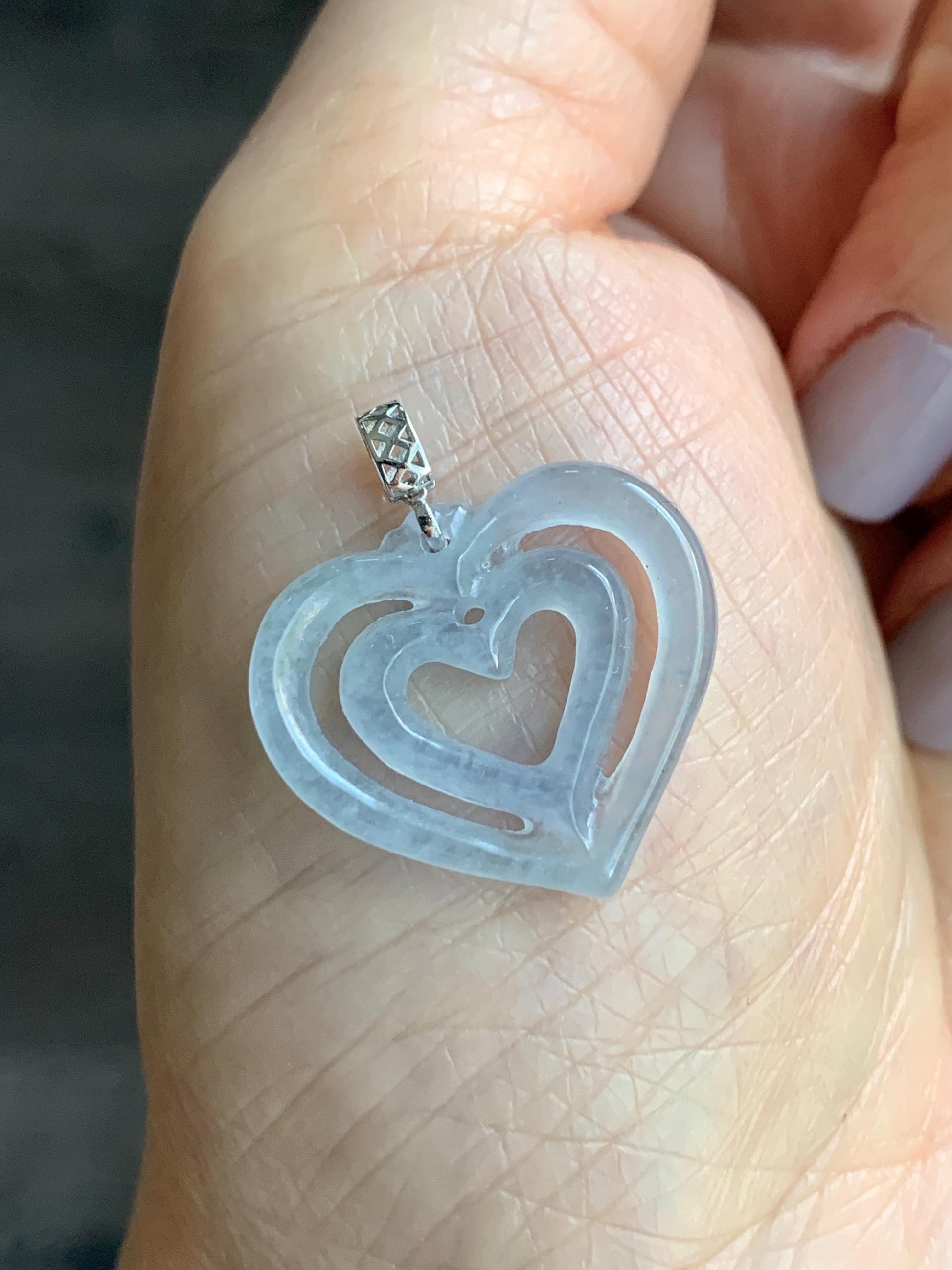 Natural Guatemalan Icy Highly Translucent Pale Dusty Blue Jadeite Double Heart Pendant 18K White Gold 天然冰危起光淡蓝翡翠双爱心镶嵌吊坠 B