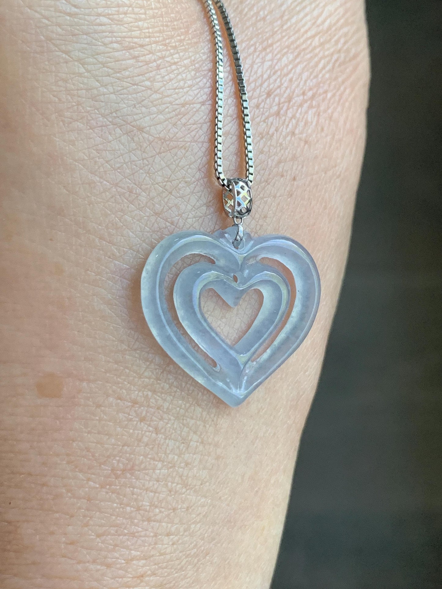 Natural Guatemalan Icy Highly Translucent Pale Dusty Blue Jadeite Double Heart Pendant 18K White Gold 天然冰危起光淡蓝翡翠双爱心镶嵌吊坠 B