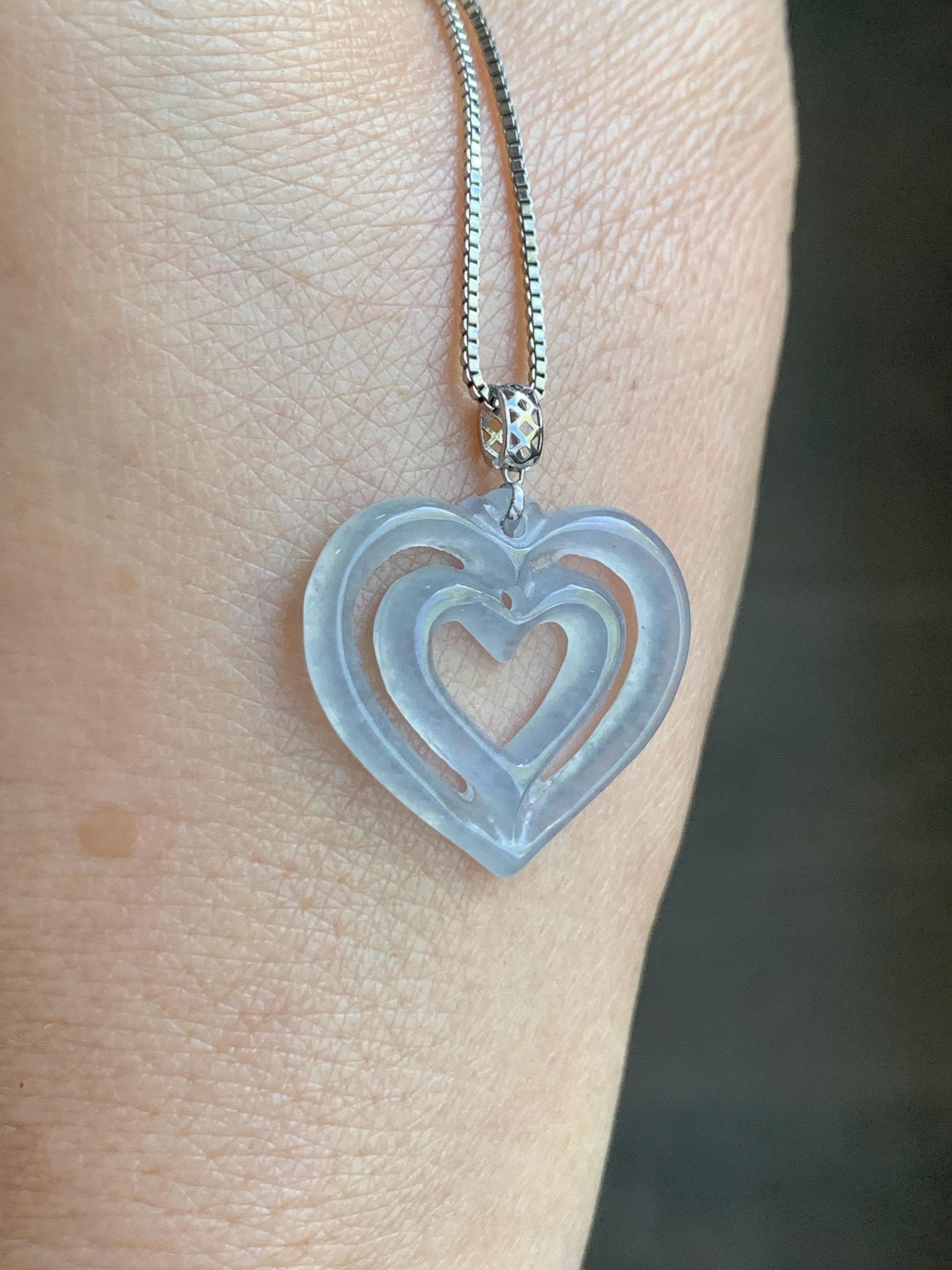 Natural Guatemalan Icy Highly Translucent Pale Dusty Blue Jadeite Double Heart Pendant 18K White Gold 天然冰危起光淡蓝翡翠双爱心镶嵌吊坠 B