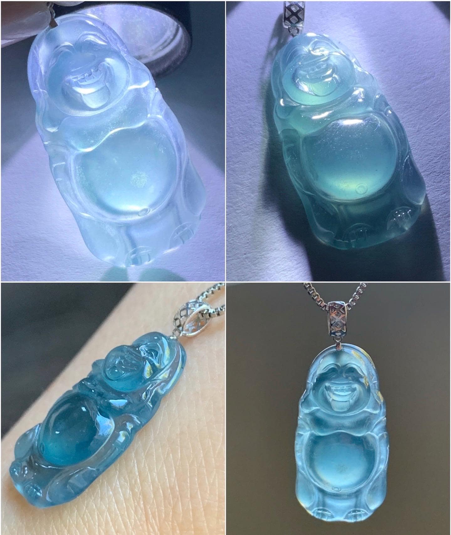 Petite Natural Guatemalan Premium Icy Highly Translucent Indigo Blue Jadeite Standing Buddha Pendant 18K White Gold 天然冰危蓝起光翡翠站佛公镶嵌吊坠 C