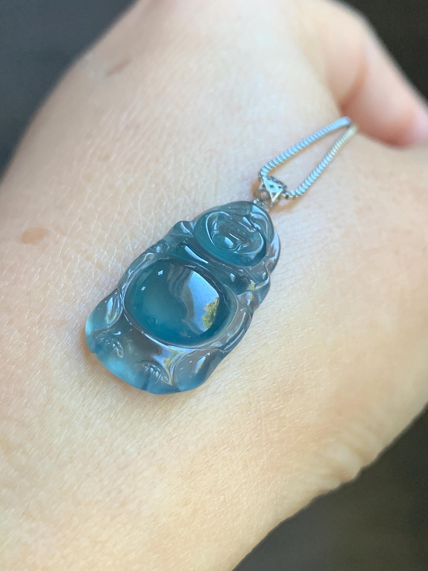Petite Natural Guatemalan Premium Icy Highly Translucent Indigo Blue Jadeite Standing Buddha Pendant 18K White Gold 天然冰危蓝起光翡翠站佛公镶嵌吊坠 C