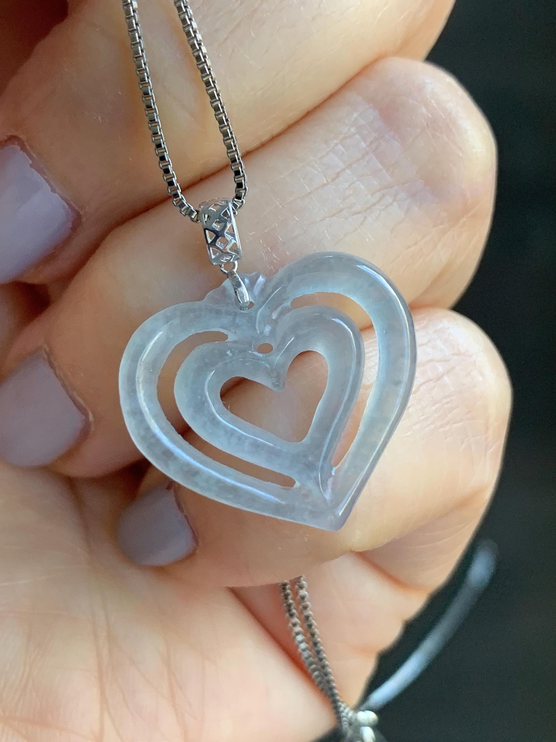Natural Guatemalan Icy Highly Translucent Pale Dusty Blue Jadeite Double Heart Pendant 18K White Gold 天然冰危起光淡蓝翡翠双爱心镶嵌吊坠 A