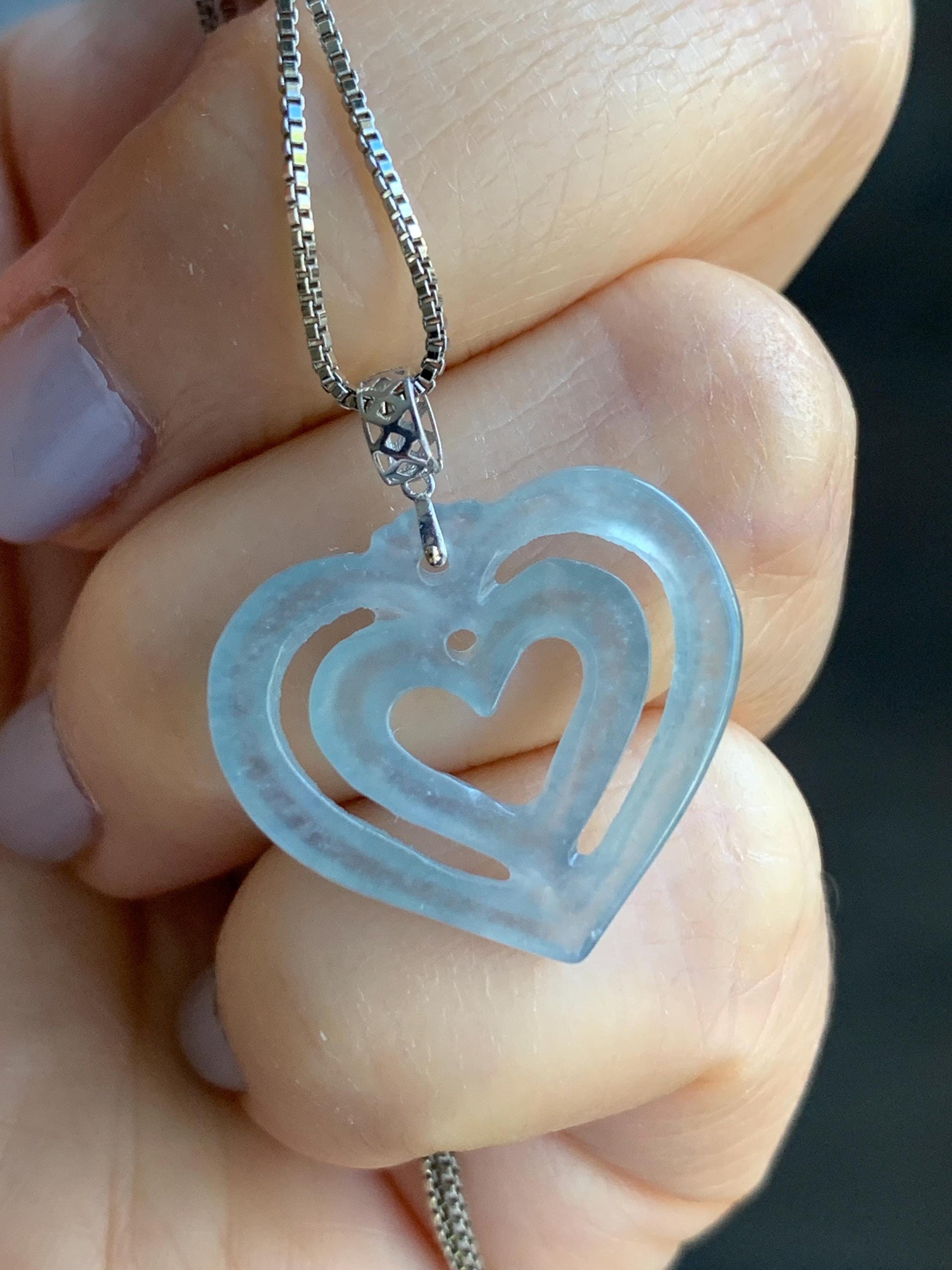 Natural Guatemalan Icy Highly Translucent Pale Dusty Blue Jadeite Double Heart Pendant 18K White Gold 天然冰危起光淡蓝翡翠双爱心镶嵌吊坠 A