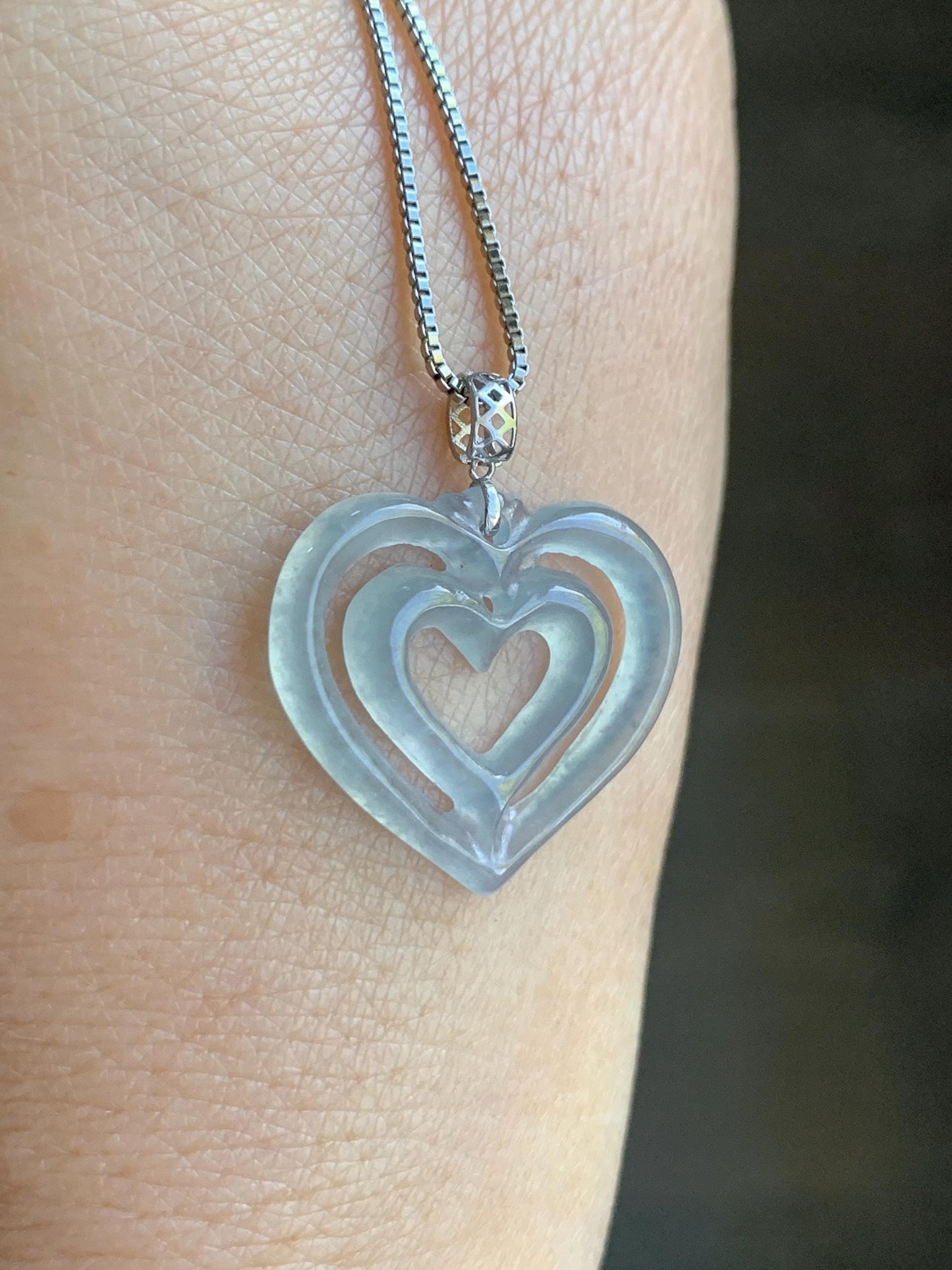 Natural Guatemalan Icy Highly Translucent Pale Dusty Blue Jadeite Double Heart Pendant 18K White Gold 天然冰危起光淡蓝翡翠双爱心镶嵌吊坠 A