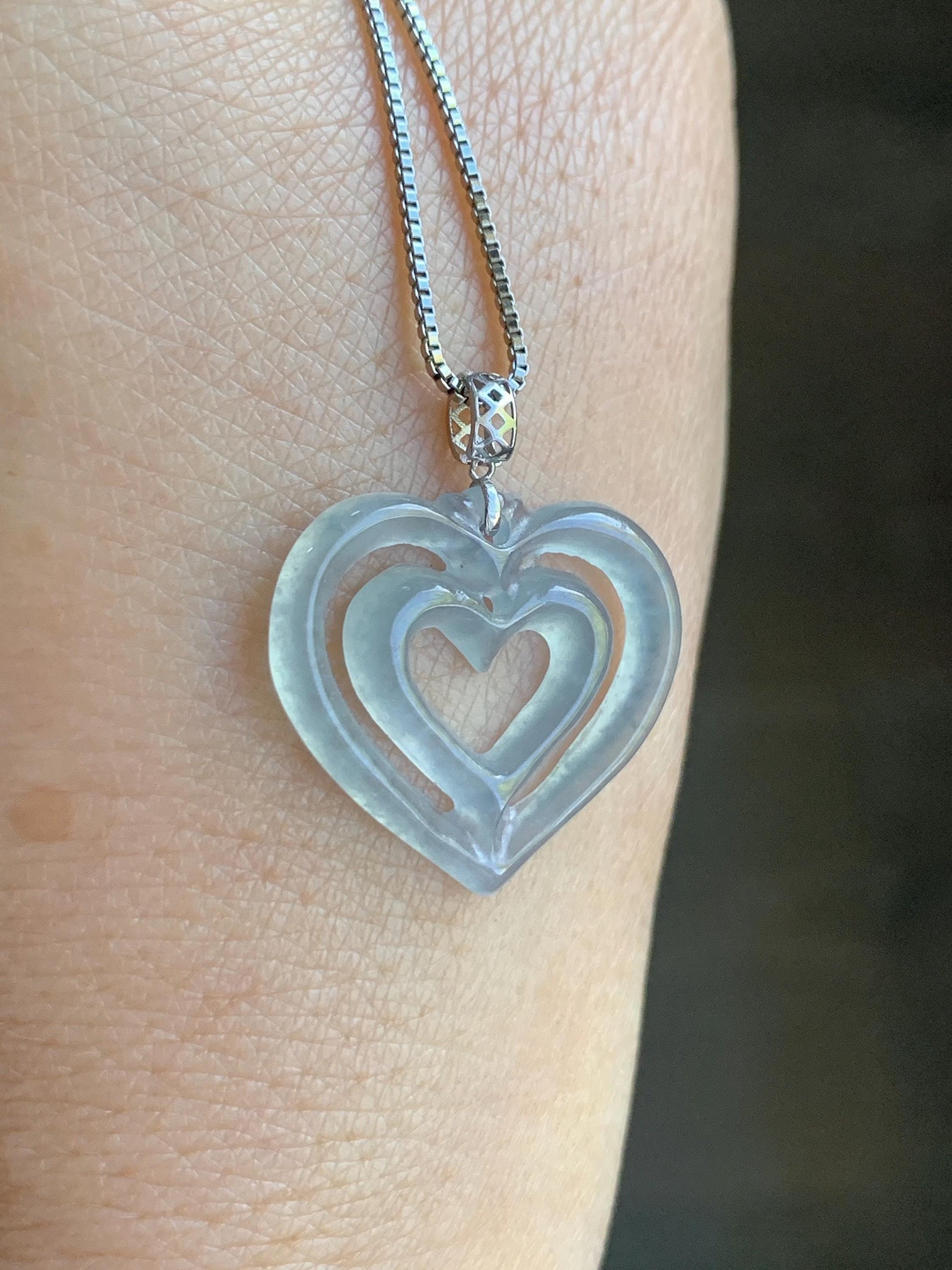 Natural Guatemalan Icy Highly Translucent Pale Dusty Blue Jadeite Double Heart Pendant 18K White Gold 天然冰危起光淡蓝翡翠双爱心镶嵌吊坠 A