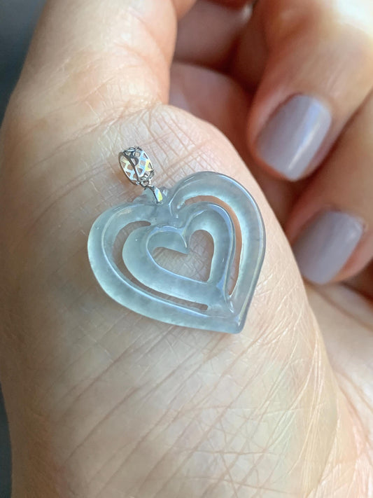 Natural Guatemalan Icy Highly Translucent Pale Dusty Blue Jadeite Double Heart Pendant 18K White Gold 天然冰危起光淡蓝翡翠双爱心镶嵌吊坠 A