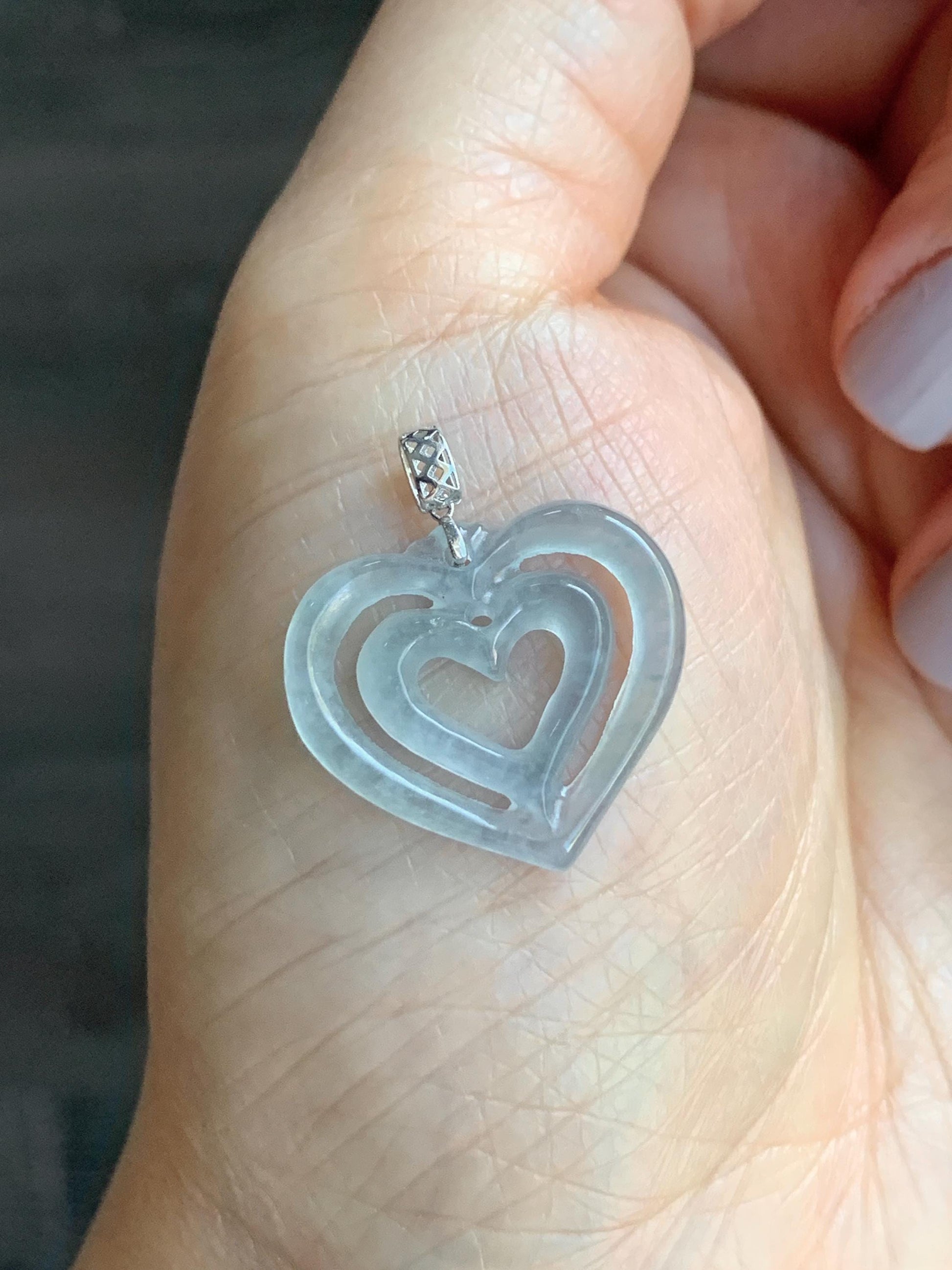 Natural Guatemalan Icy Highly Translucent Pale Dusty Blue Jadeite Double Heart Pendant 18K White Gold 天然冰危起光淡蓝翡翠双爱心镶嵌吊坠 A