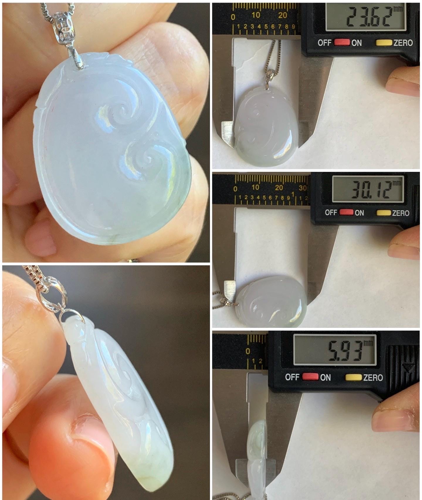 Natural Burmese Icy Translucent Light Lilac Light Green Marbled Jadeite Carved Ruyi Pendant 18K White Gold 8g 天然缅甸细糯冰淡春彩翡翠如意镶嵌吊坠
