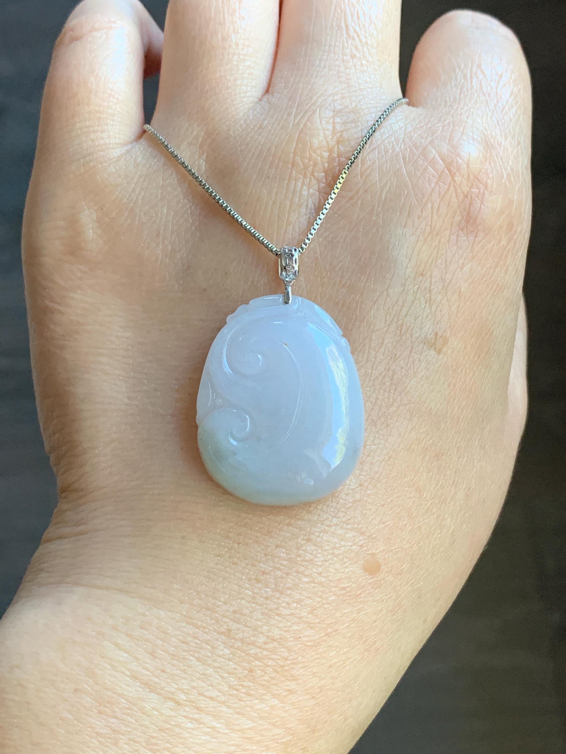 Natural Burmese Icy Translucent Light Lilac Light Green Marbled Jadeite Carved Ruyi Pendant 18K White Gold 8g 天然缅甸细糯冰淡春彩翡翠如意镶嵌吊坠