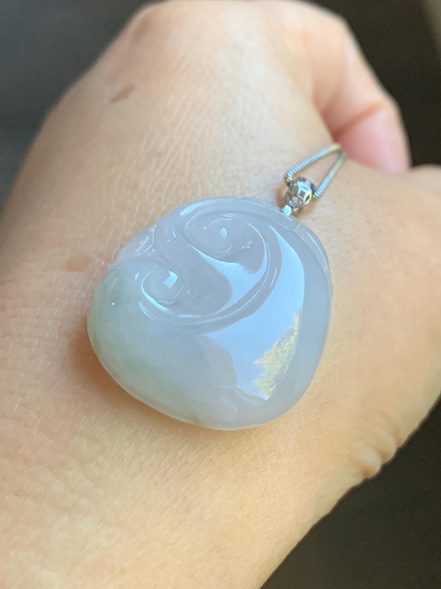Natural Burmese Icy Translucent Light Lilac Light Green Marbled Jadeite Carved Ruyi Pendant 18K White Gold 8g 天然缅甸细糯冰淡春彩翡翠如意镶嵌吊坠